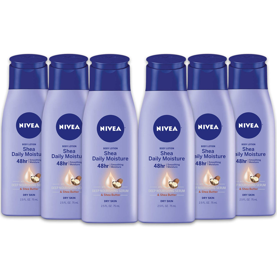 NIVEA Shea Daily Moisture Body Lotion - 48 Hour Moisture For Dry Skin - 2.5 fl. oz. Bottle (Pack of 6)