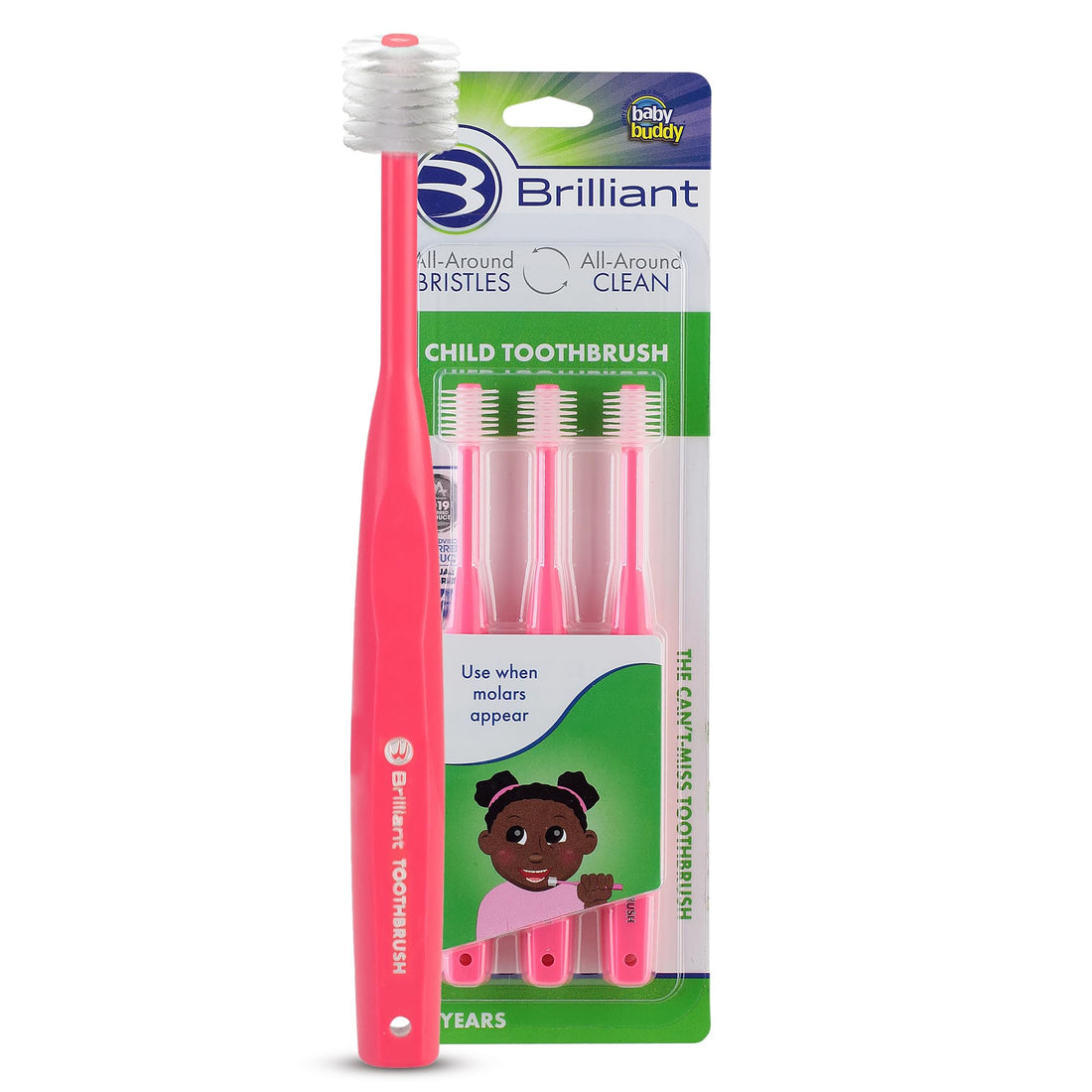 Brilliant Oral Care Child Toothbrush with Soft Bristles and Round Head, for a Kid Approved, Easy to Use All-Around Clean Mouth, Ages 2-5 Years, Pink, 3 Pack