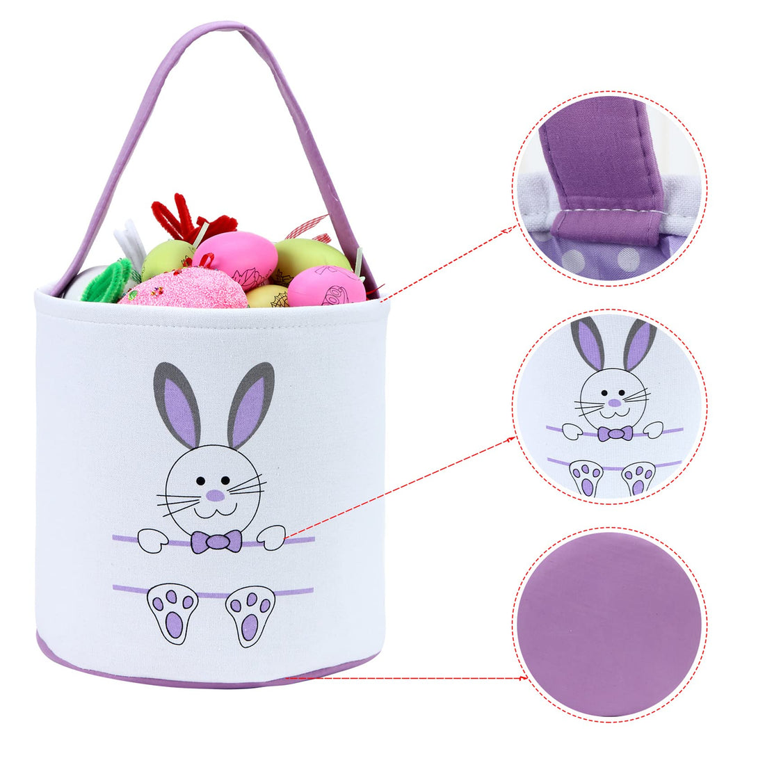 Easter Bunny Basket Egg Bags for Kids,Canvas Cotton Personalized Candy Egg Basket Rabbit Print Buckets with Fluffy Tail Gifts Bags for Easter……