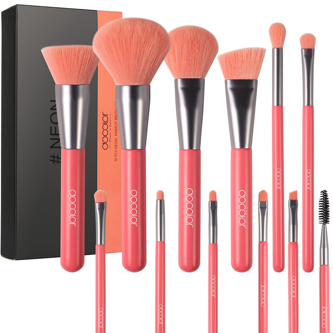 Docolor Makeup Brushes 10 Piece Neon Peach Makeup Brush Set Premium Synthetic Kabuki Foundation Blending Face Powder Mineral Eyeshadow Make Up Brushes Set