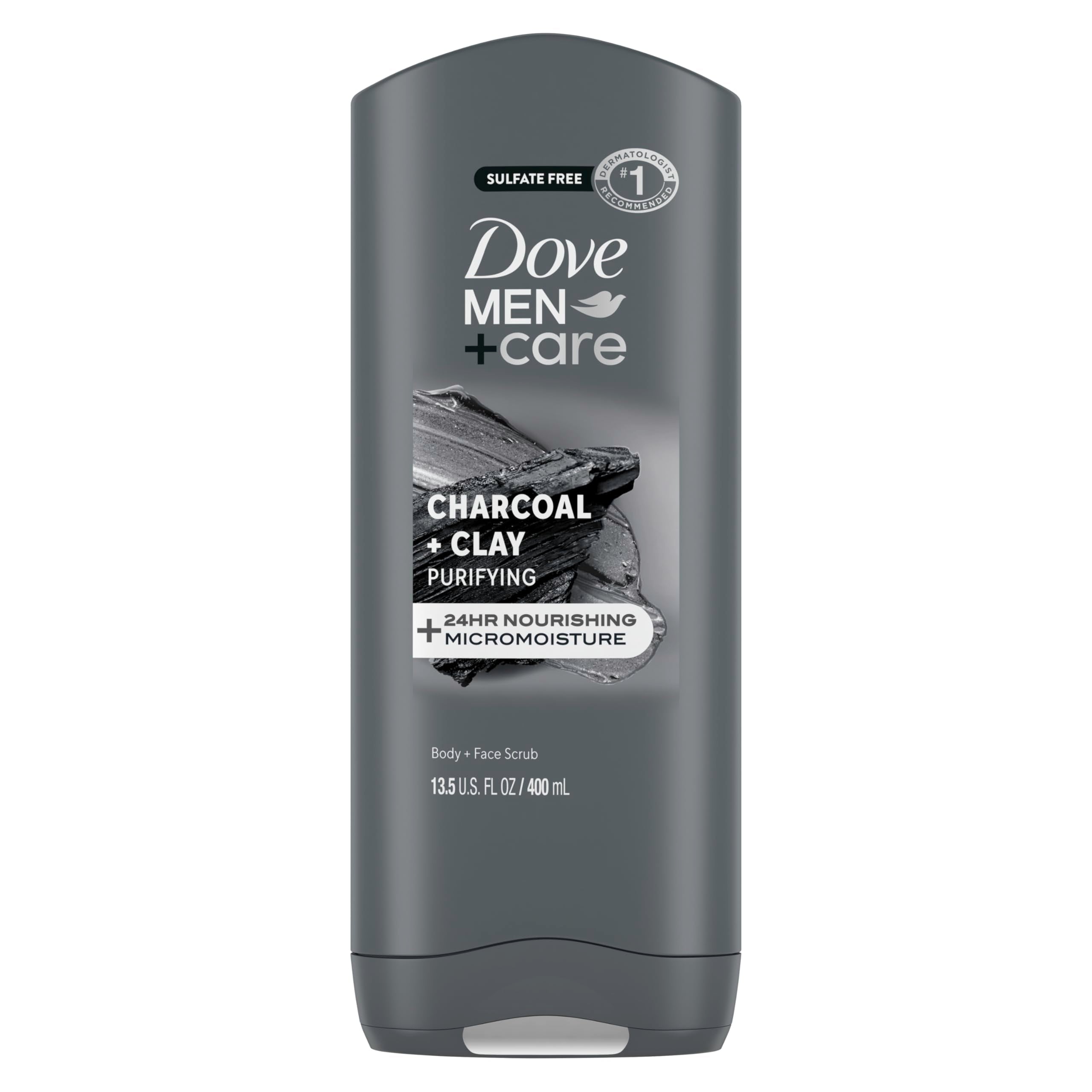 DOVE MEN + CARE Purifying Charcoal + Clay Body and Face Wash with 24-Hour Nourishing Micromoisture Technology Body Wash for Men, 13.5 oz