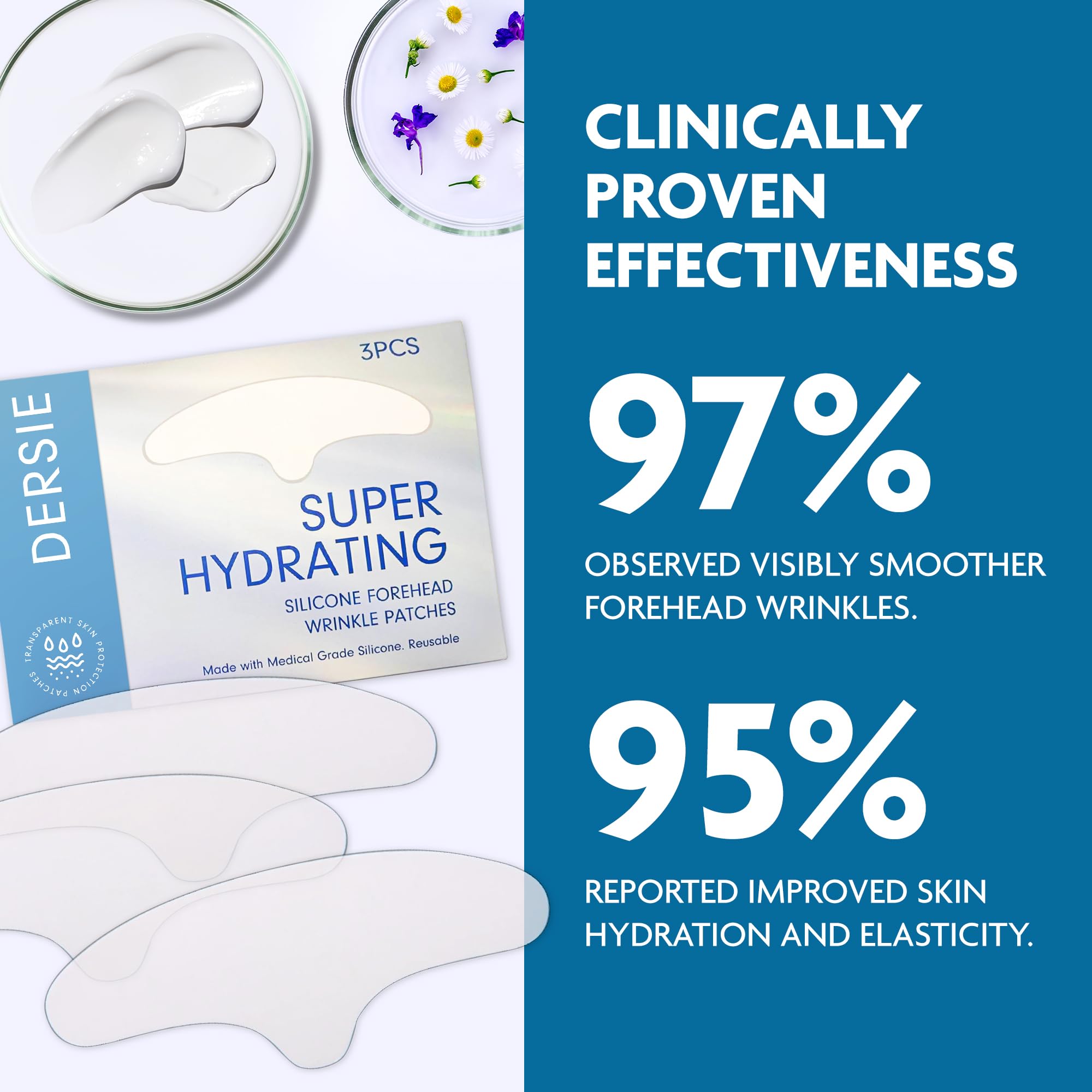 Dersie Silicone Forehead Wrinkle Patches: Reusable Silicone Anti Wrinkle Patches - Forehead Wrinkles Treatment - Overnight Use for Best Results - 3 Patches