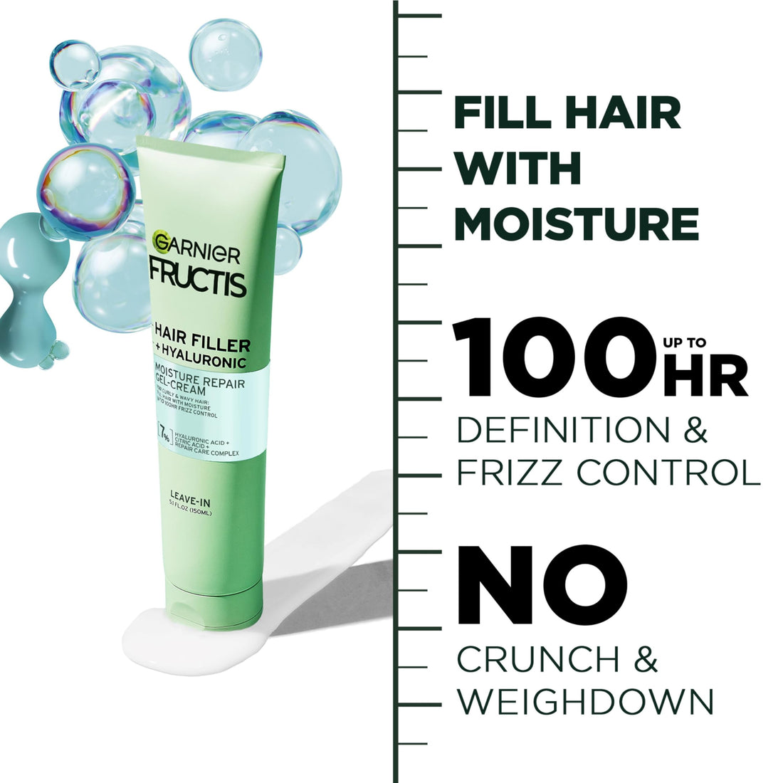 Garnier Fructis Hair Filler Moisture Repair Gel-Cream, Hair Gel for Curls and Waves with Hyaluronic Acid, 5.1 Fl Oz, 1 Count