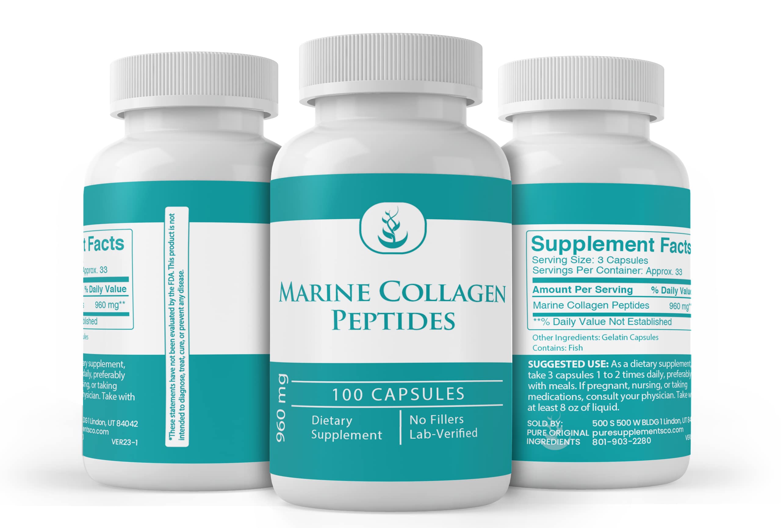 PURE ORIGINAL INGREDIENTS Marine Collagen Peptides, (100 Capsules) Always Pure, No Additives or Fillers, Lab Verified