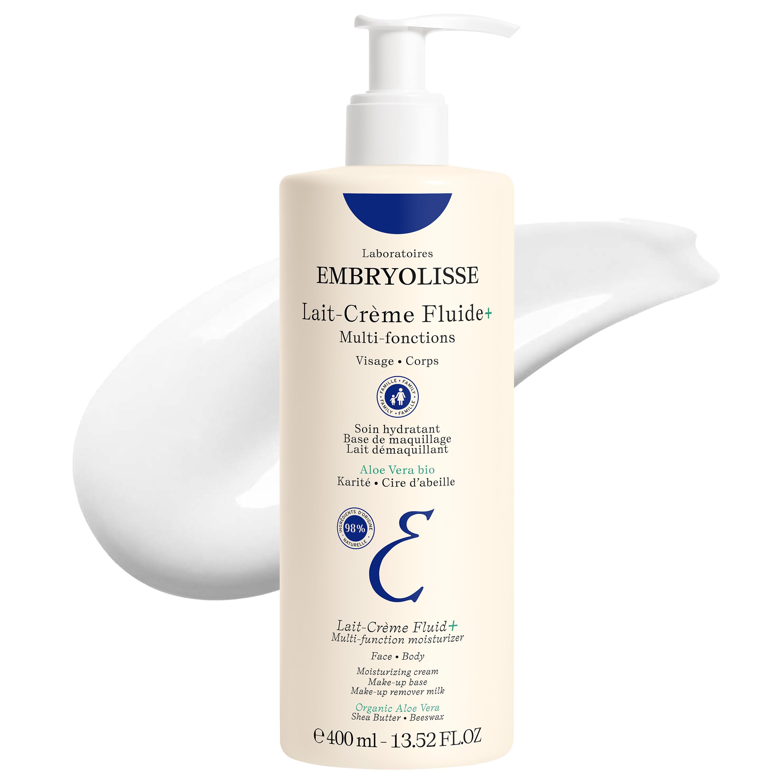 Embryolisse Lait-Crème Fluid+ Face & Body Cream, Multi-Use Lightweight Moisturizer with Shea Butter & Aloe Vera. Fast Absorbing, For All Skin Types, 13.52 fl oz