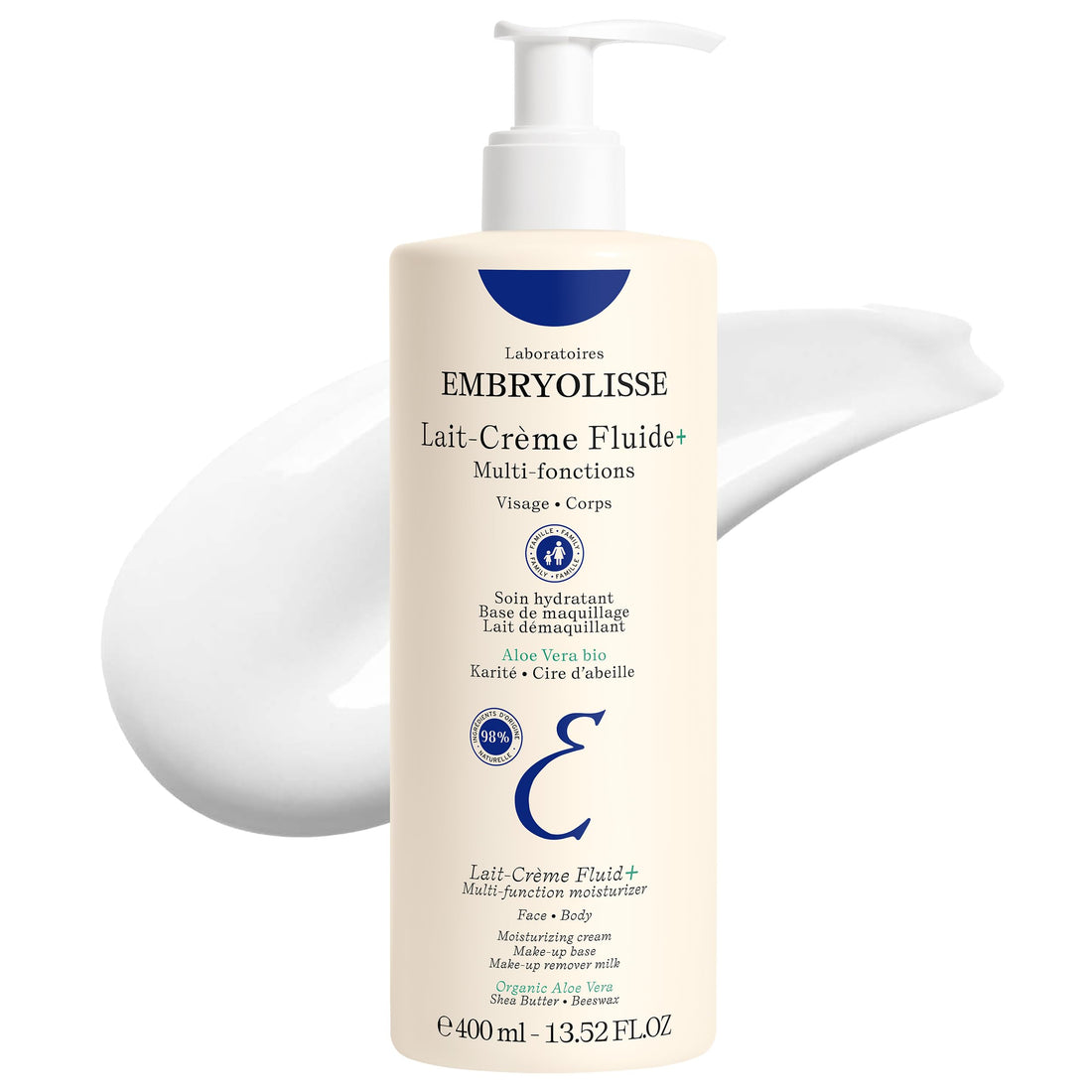 Embryolisse Lait-Crème Fluid+ Face & Body Cream, Multi-Use Lightweight Moisturizer with Shea Butter & Aloe Vera. Fast Absorbing, For All Skin Types, 13.52 fl oz