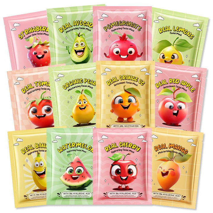 Kaely 12 Pack Fruit Face Masks for Kids Teens, Girls Night Spa Party Facial Mask Skincare Set, Sheet Masks Skin Care, Moisturize Soothe for All Skin Types, Birthday Gifts for Women Men, 02