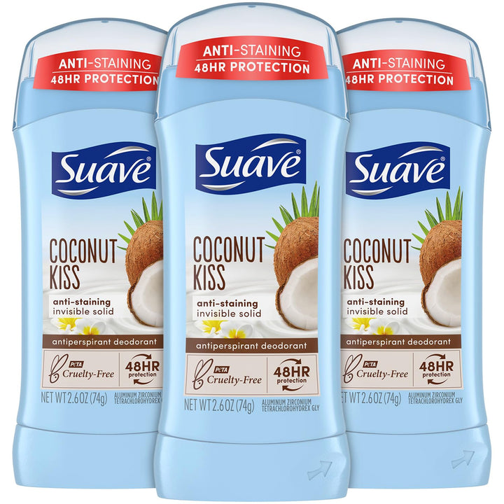 Suave Deodorant 2.6 Ounce 24Hr Coconut Kiss Invisible Solid (76ml) (3 Pack)