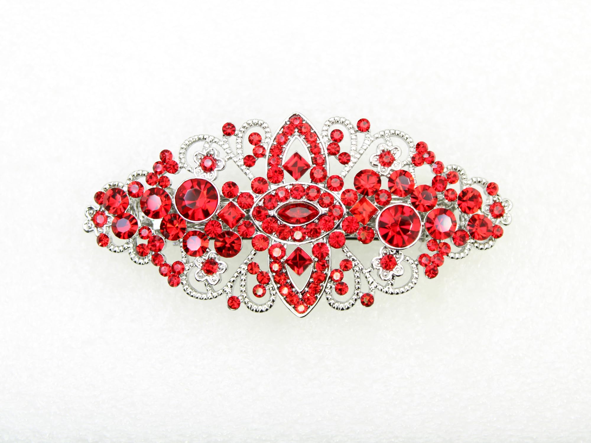Faship Red Floral Crystal Hair Barrette Clip - Red