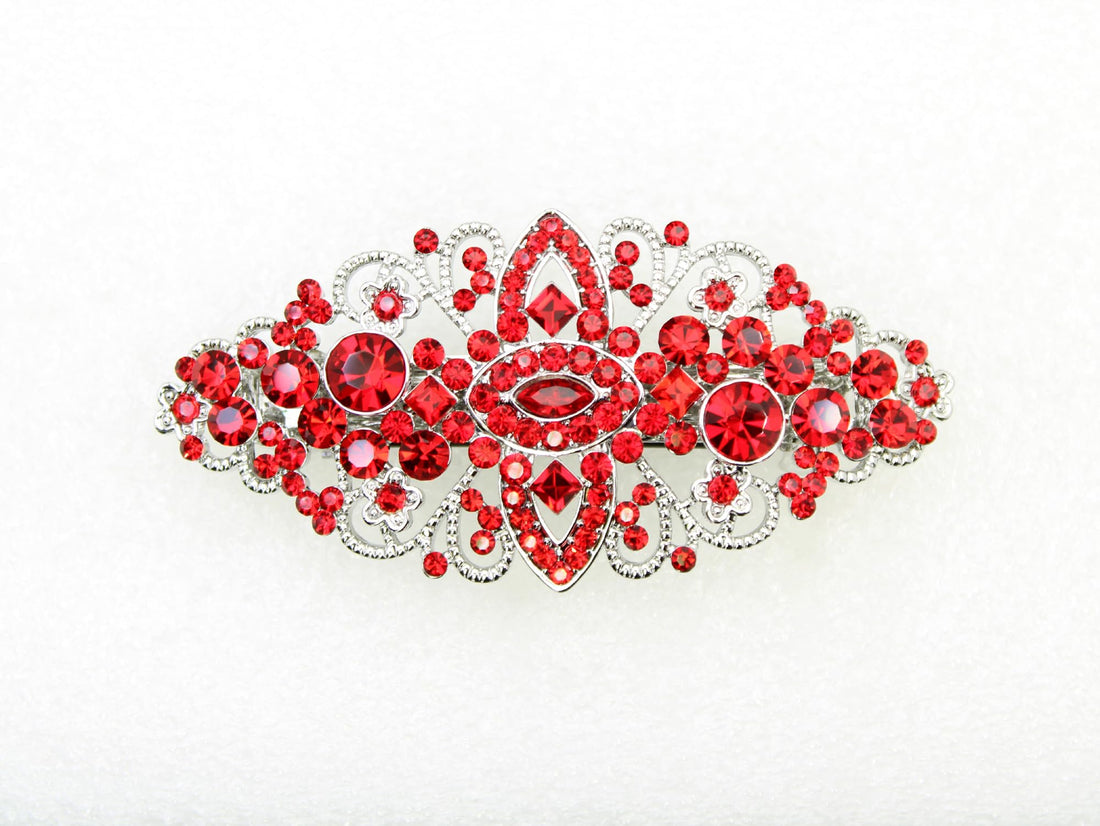 Faship Red Floral Crystal Hair Barrette Clip - Red