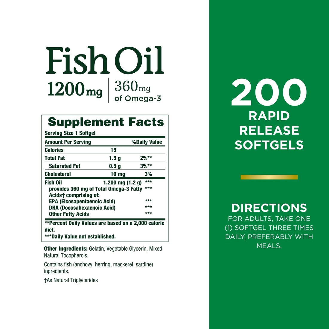 Nature's Bounty Fish Oil, Supports Heart Health, 1200 Mg, 360 Mg Omega-3, Rapid Release Softgels, 200 Ct