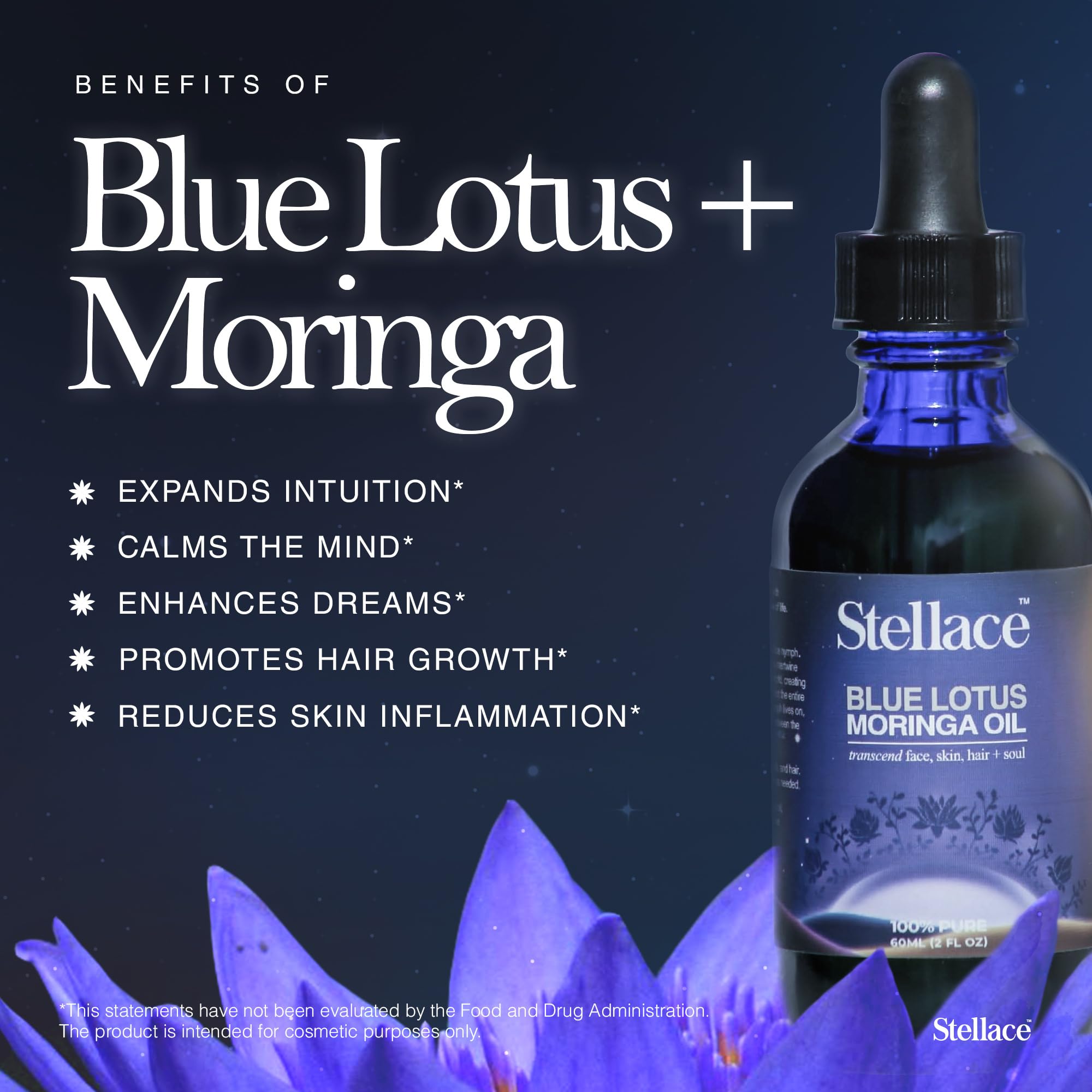 stellace Organic Egyptian Blue Lotus Moringa Oil - 60ml - 100% Pure & Natural Extract - Premium Therapeutic Grade For Face, Body and Hair Oil - Relaxation & Advanced Skin Care