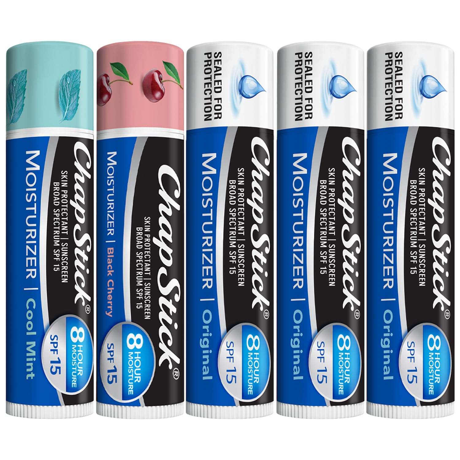 ChapStick Lip Balm Moisturizer 2-in-1 Lipcare SPF 15 Bundle – Original, Black Cherry, and Cool Mint, 0.15 Oz Ea (5 Piece Set)