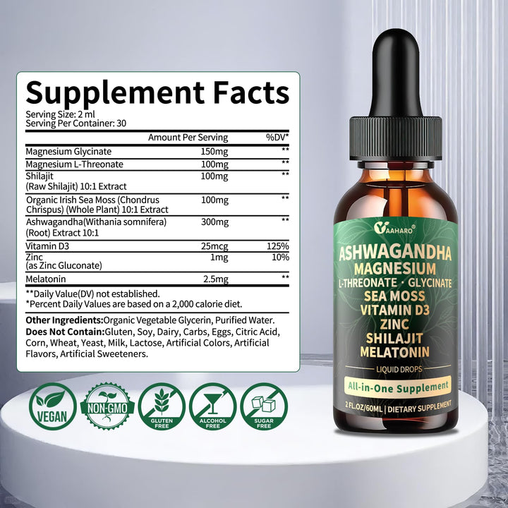 Ashwagandha Liquid Drops with Magnesium, Shilajit, Sea Moss, Zinc, Vitamin D3 and Melatonin - Ashwagandha Supplements for women and men - Ashwagandha and Magnesium for Sleep and Relaxation - 2 Fl Oz