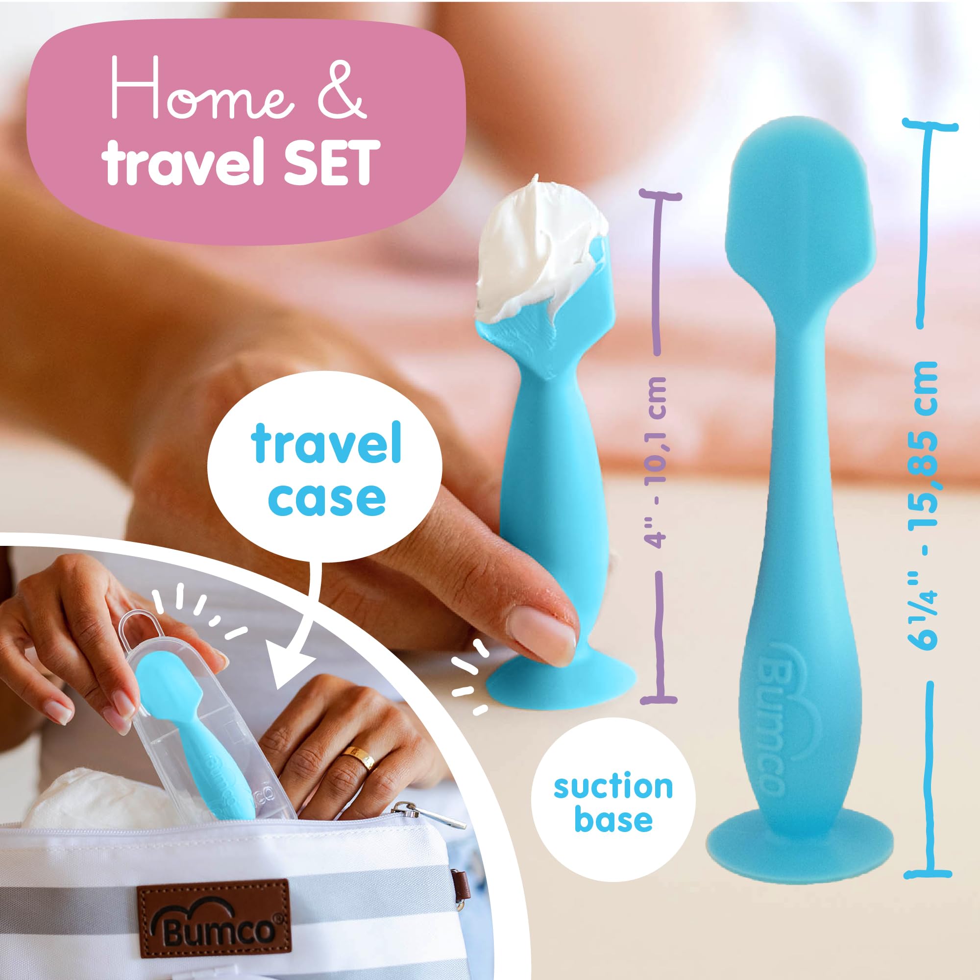 Bumco Baby Bum Brush + Mini Diaper Cream Spatula with Case - BPA-Free Butt Spatula Baby, Soft Diaper Spatula, Baby Diaper Cream Applicator, Mom-Invented Diaper Bag Essentials, Butt Spatula