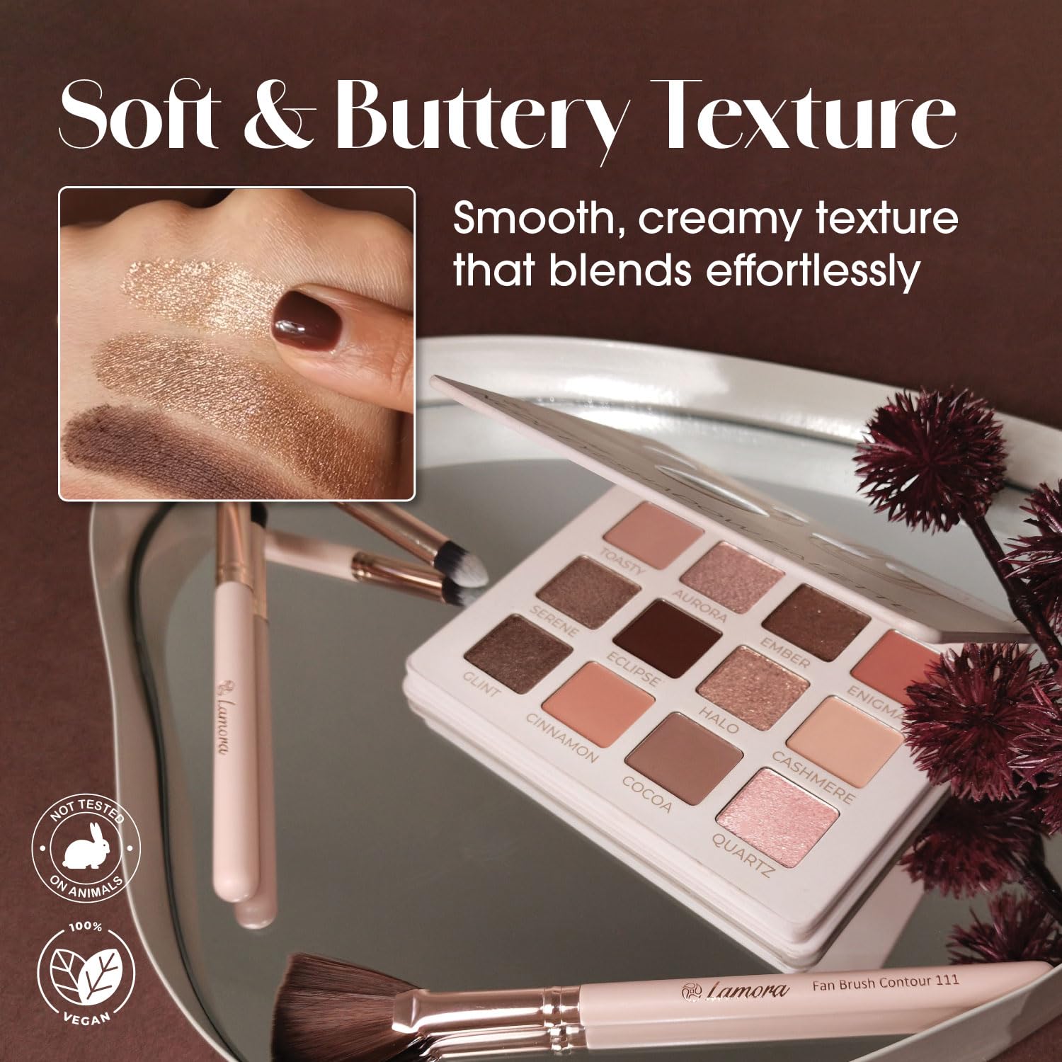 Lamora Nude Eyeshadow Palette Makeup - 12 Neutral Pigmented Matte & Shimmer Shades - Travel Size Eye Shadow With Mirror