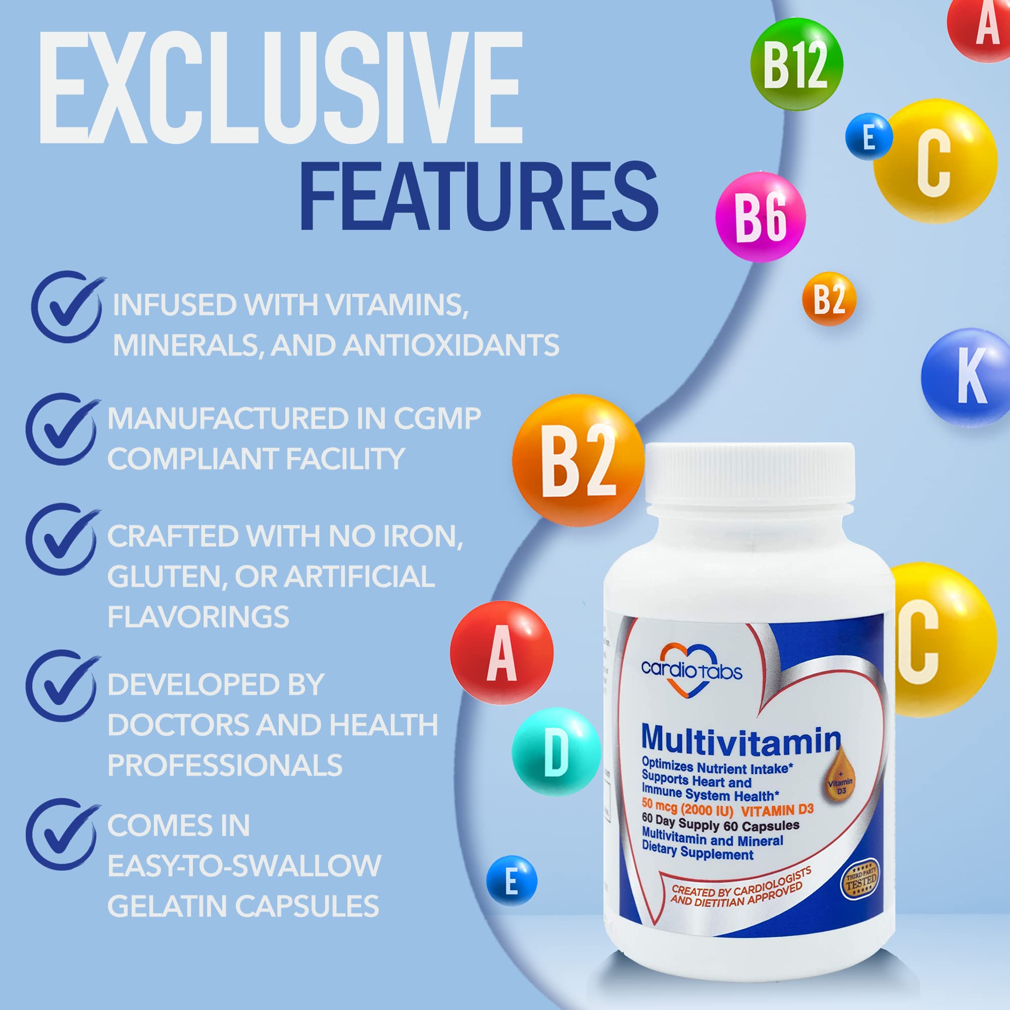 Cardiotabs Multivitamin - Heart and Immunity Supplements For Men & Women, Multivitamin for Men & Women, with Minerals B-Vitamin Complex, Vitamins A, C, E, K and 2000 IU Vitamin D3, 60-Count Bottle