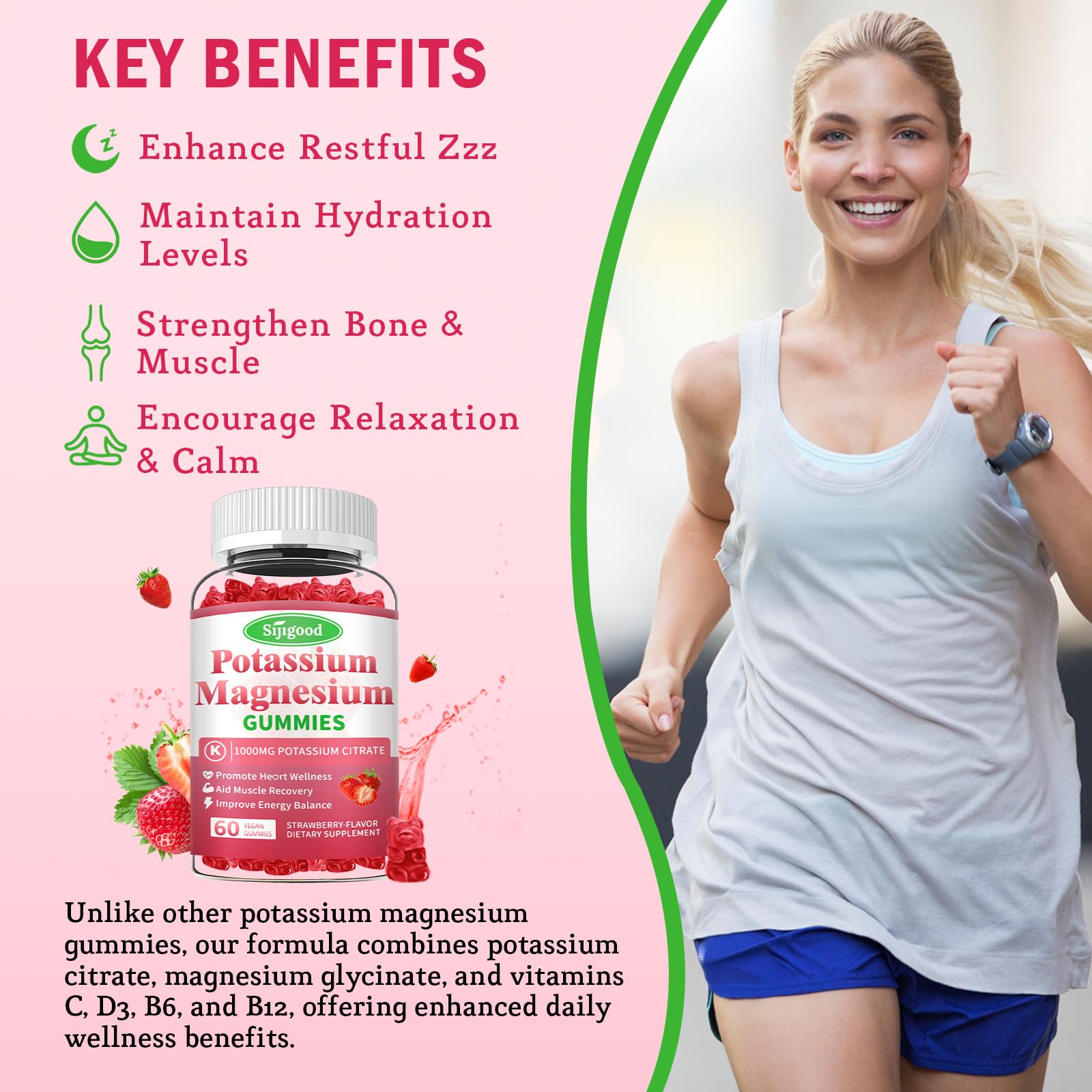 Potassium Magnesium Gummies, High Absorption Magnesium Potassium Supplement with Vitamin B6 for Leg Cramps & Muscle Health, Strawberry, 60 Count