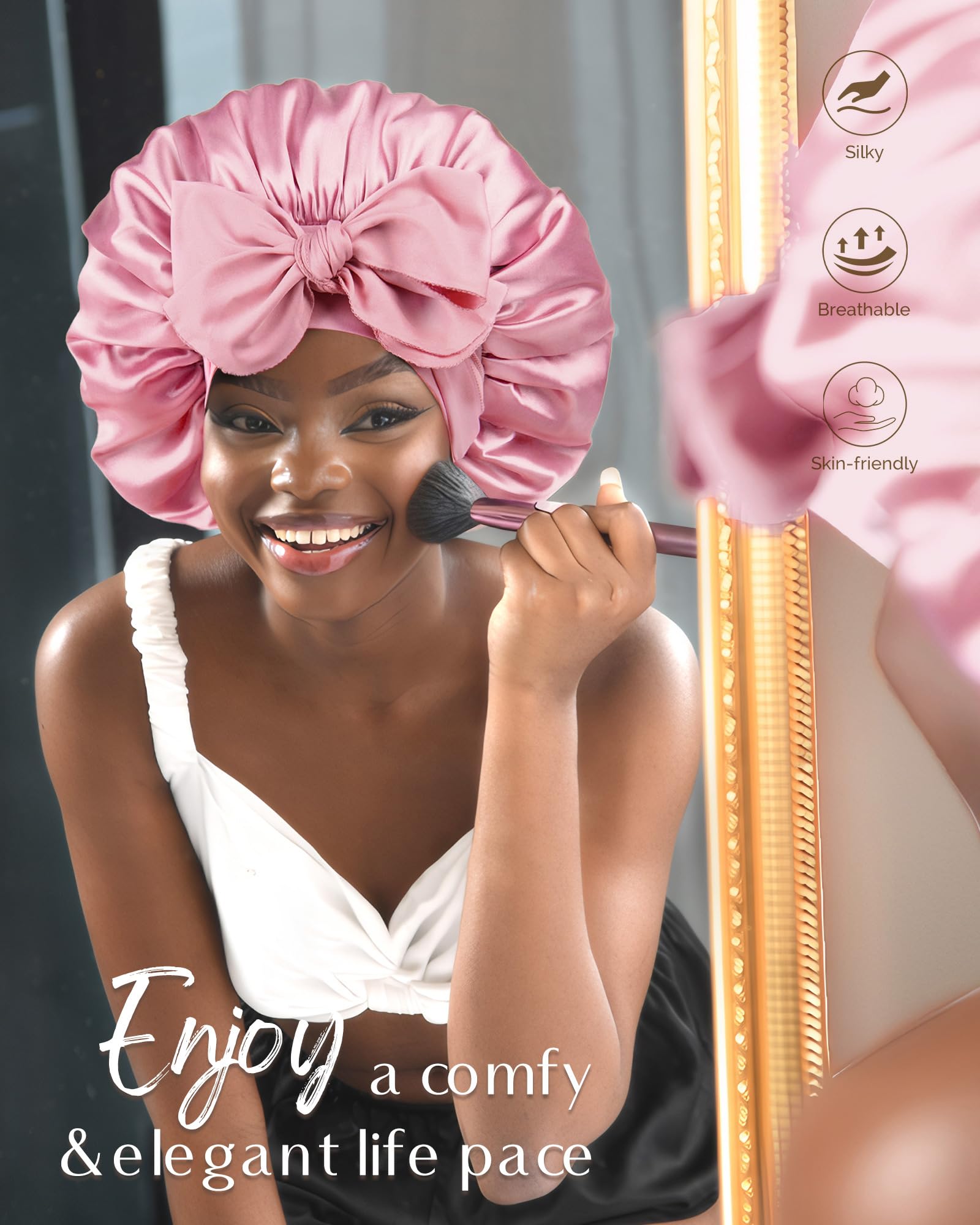 Yanibest Adjustable Satin Bonnet for Sleeping, Double Layer Silk Hair Bonnet with Tie Band for Unisex Women Men Curly Natural