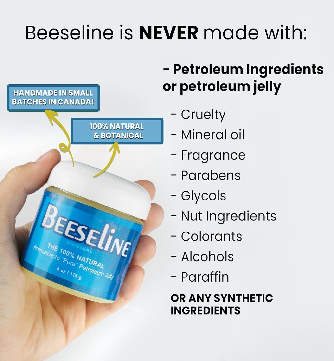 Beesalene Original Unpetroleum - 100% Natural & Hypoallergenic Alternative to Petroleum Jelly - Lips, Hands, Baby, Makeup Remover and More (Glass Jar) (4 oz)