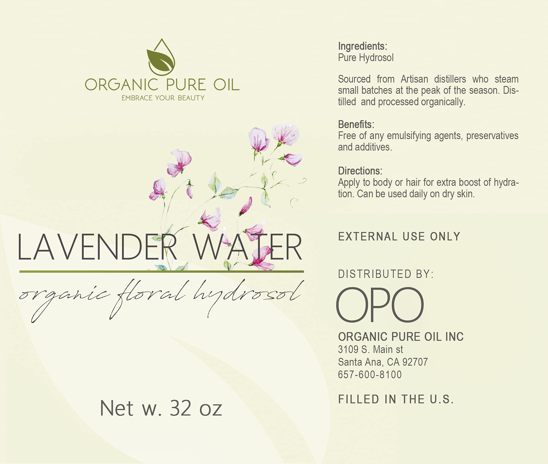 Lavender Water Hydrosol - Pure Steam Distilled Natural Non GMO Calming Bulk Body, Face, Facial Toner, Aromatherapy, Set Makeup, Cleanser Mist Spritz - 32oz - OPO