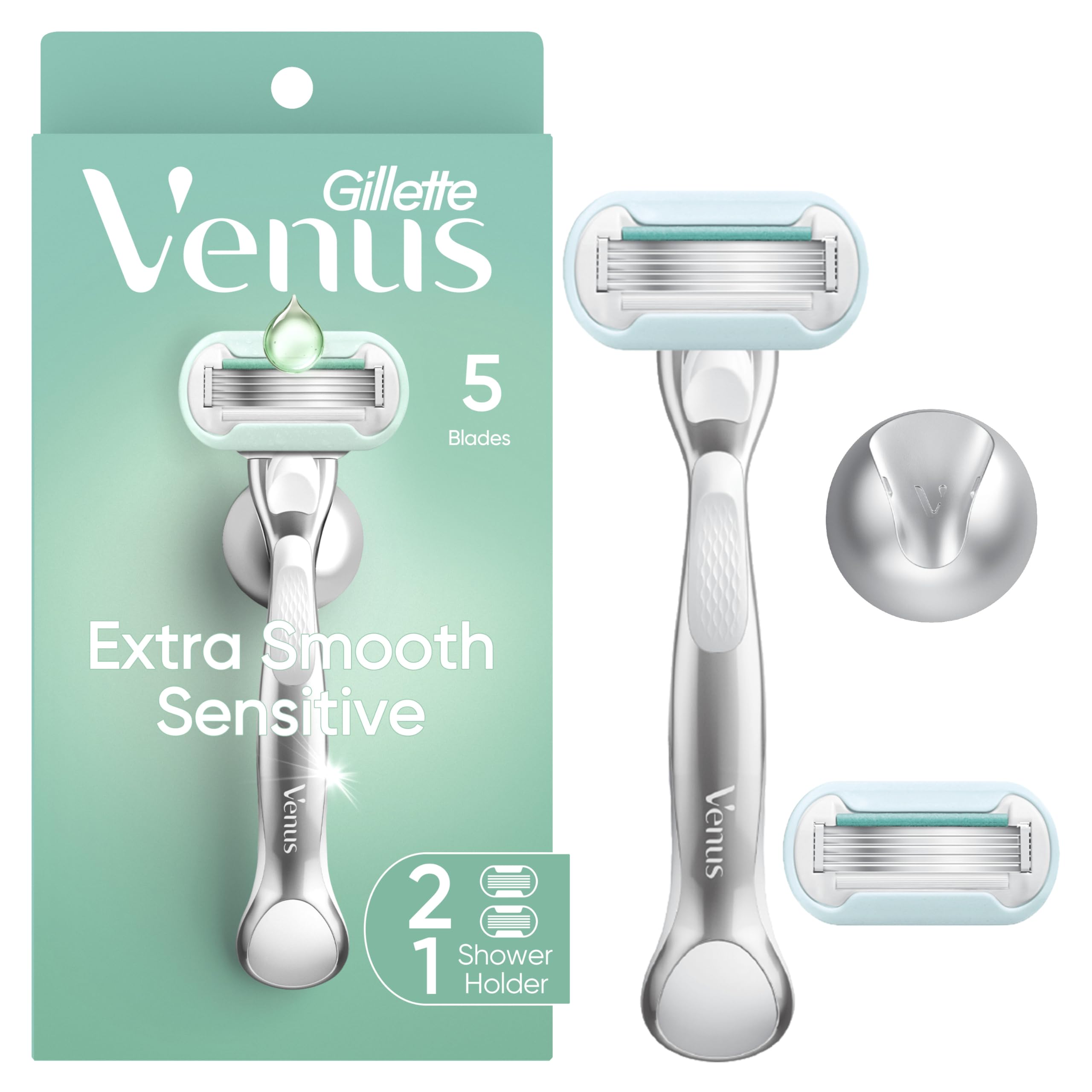 Gillette Venus Extra Smooth Sensitive Razor for Women, Includes 1 Reusable Razor Handle + 2 Refills, for Sensitive Skin with Metal Handle and Shower Holder