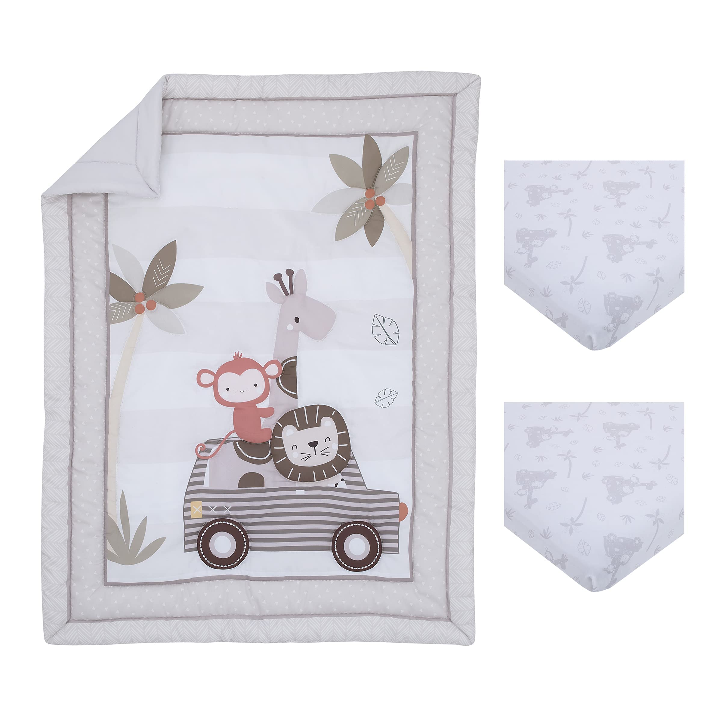 Little Love by NoJo Jungle Ride Grey, White and Brown, Monkey, Giraffe and Lion 3 Piece Nursery Mini Crib Bedding Set - Comforter, Two Fitted Mini Crib Sheets