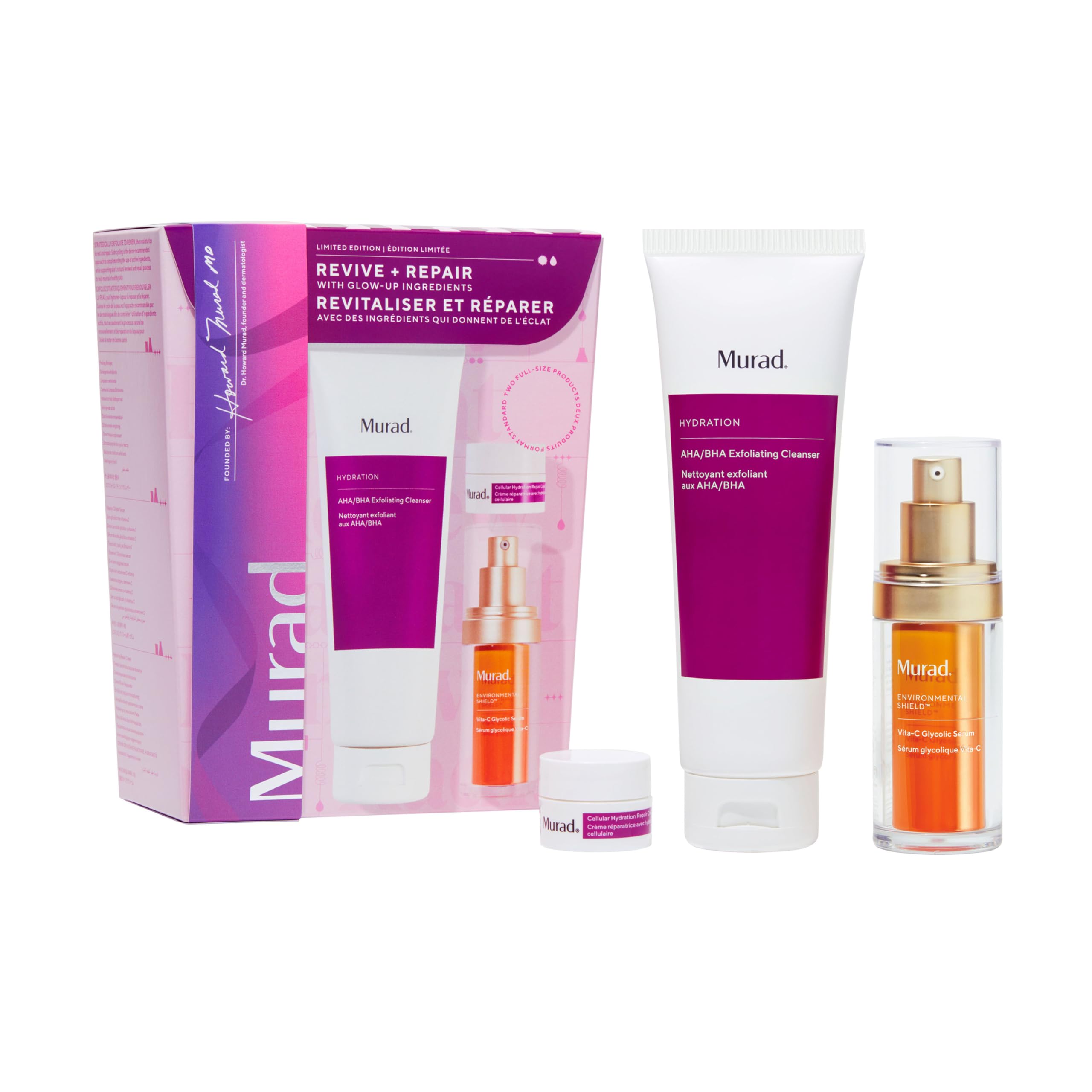 Murad Revive + Repair w/ Glow Up Ingredients - 3-Piece Set ($135 Value) - Regimen for Total Skin Health - AHA/BHA Cleanser 5.0Fl Oz, Glycolic Serum 1.0Fl Oz, Cellular Hydration Cream 0.25Fl Oz