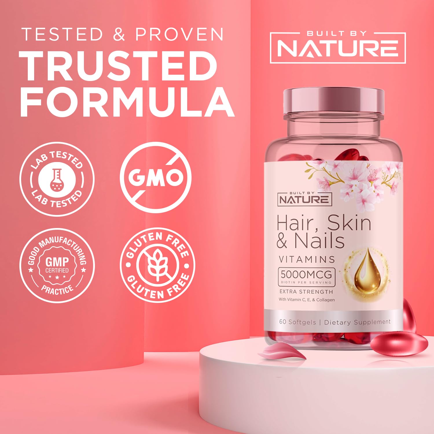 Hair Skin and Nails Vitamins – 5000mcg Biotin with Vitamin C, E, Collagen, Hyaluronic Acid, Argan & Coconut Oil – Luscious Hair Growth & Radiant Skin Supplement for Women – 60 Softgels