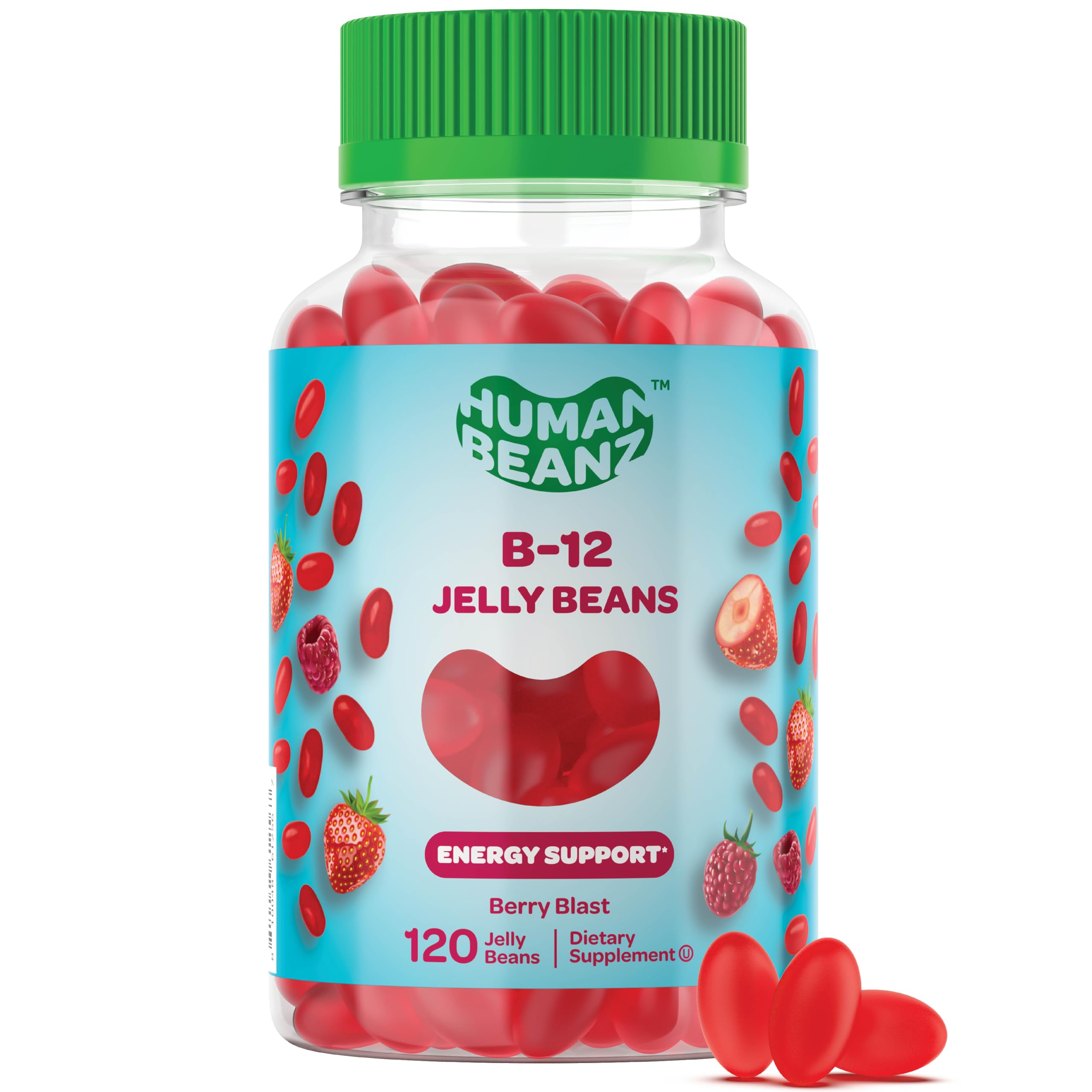 Human Beanz Methylated Vitamin B12, Jelly Bean Gummies for Adults, Brain Health and Energy Booster, Healthy Hair, Skin, and Nails, Nutritional Vegetarian Supplements, 120 Jelly Beans