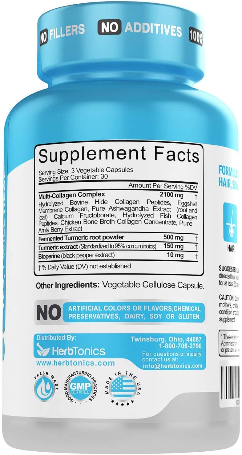 Multi Collagen Complex (Types 1 2 3 5 and 10) | Hydrolyzed Collagen Peptides | Collagen for Women & Men | Hair, Skin, Nails, Joint Support (with Turmeric) | 90 Capsules