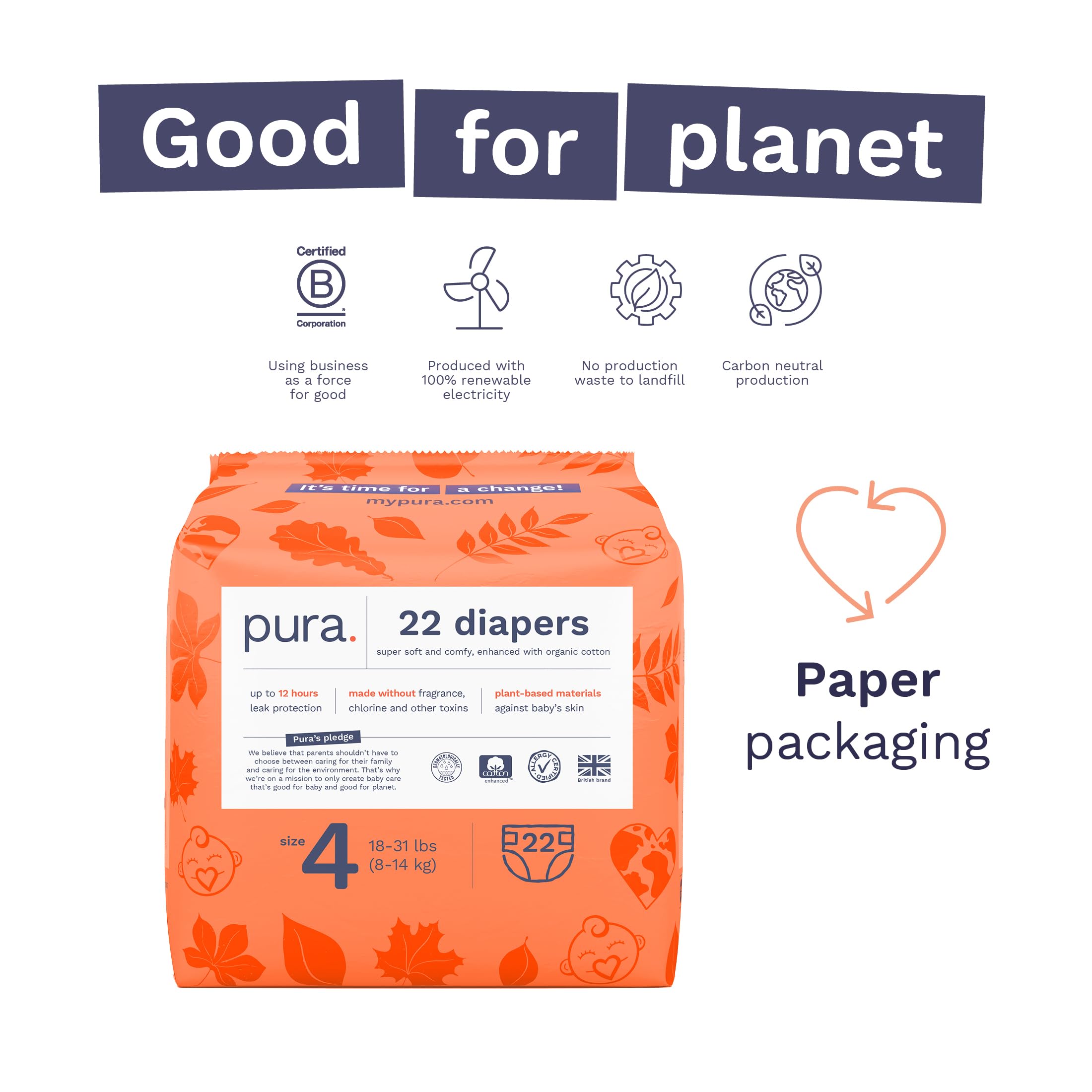 Pura Size 4 Eco-Friendly Diapers (18-31 lbs) Hypoallergenic, Soft Organic Cotton, Sustainable, up to 12 Hours Leak Protection, Allergy UK, Recyclable Packaging, 6 Packs of 22 (132 Diapers)
