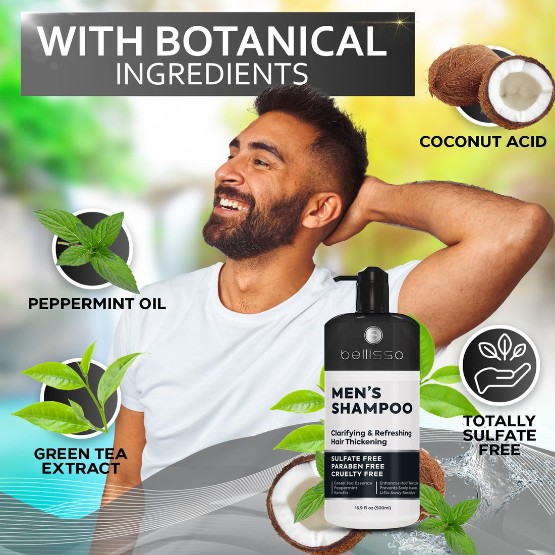 Shampoo for Men - Tea Tree Oil and Peppermint - Sulfate Free, Paraben Free - Clarifying, Refreshing, Volumizing & Moisturizing Hair Thickening Formula - Ideal for Oily Hair, Dry Scalps and Build Up