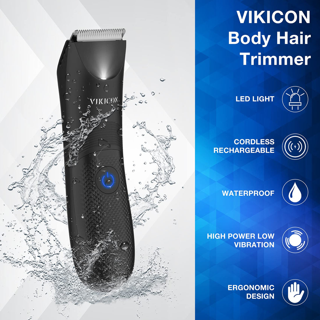 Electric Body Hair Trimmer and Shaver for Men, VIKICON Body Groomer for Groin&Ball w/Lighting, Pubic Hair Trimmer Replaceable Ceramic Blade Heads, Ergonomic Electric Razor IPX7 Waterproof Wet/Dry