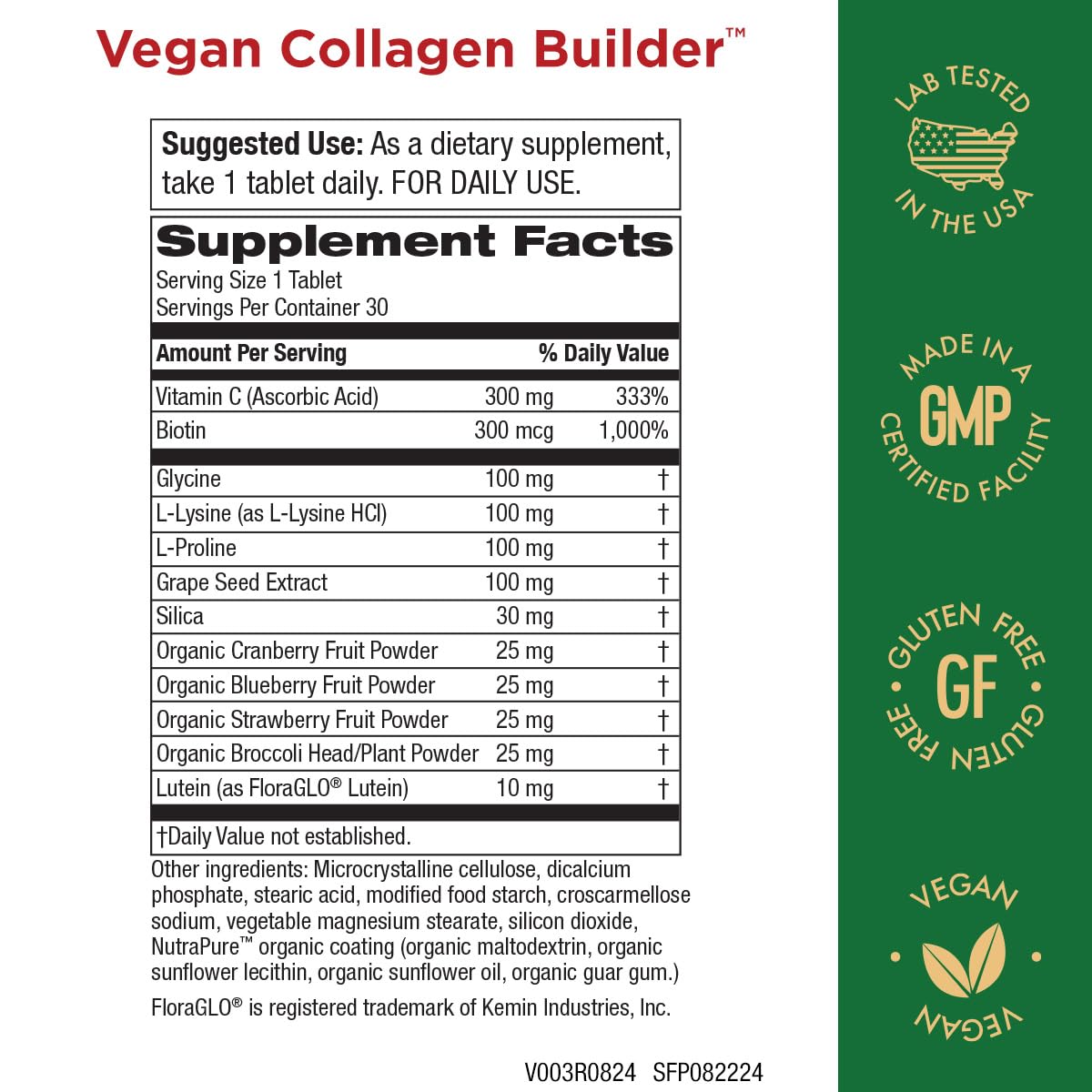 Purity Products Vegan Collagen Builder - Organic Whole Foods Fruits + Veg, Silica, Lutein, Vitamin C, Biotin, Grape Seed - Amino Acids Glycine, Lysine + Proline Collagen Boosters - 30 Tablets