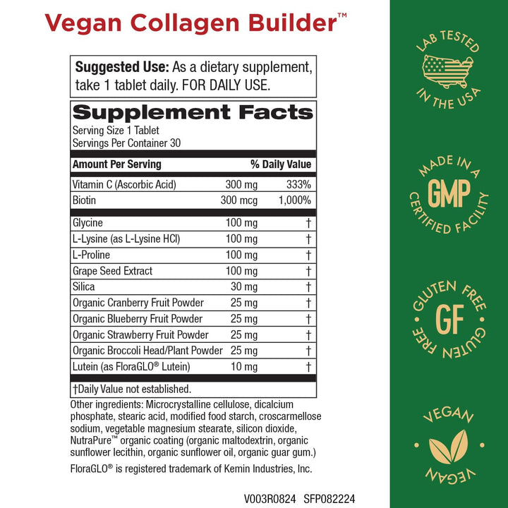 Purity Products Vegan Collagen Builder - Organic Whole Foods Fruits + Veg, Silica, Lutein, Vitamin C, Biotin, Grape Seed - Amino Acids Glycine, Lysine + Proline Collagen Boosters - 30 Tablets