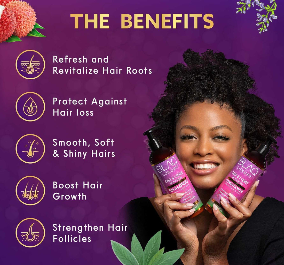 Blaq Luxury Sage & Lychee Repair and Strengthen Shampoo - Infused with Biotin and Nettle - Sulfate-Free Formula for All Hair Types - Promotes Hair Repair, Growth, and Scalp Health - 12 fl oz