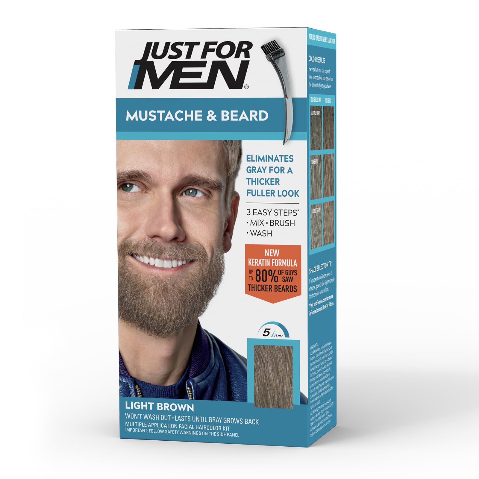 Just For Men Mustache & Beard, Beard Dye for Men with Brush Included, With Keratin Biotin Aloe and Coconut Oil for Healthy Facial Hair - Light Brown, M-25, Pack of 1 (Packaging May Vary)