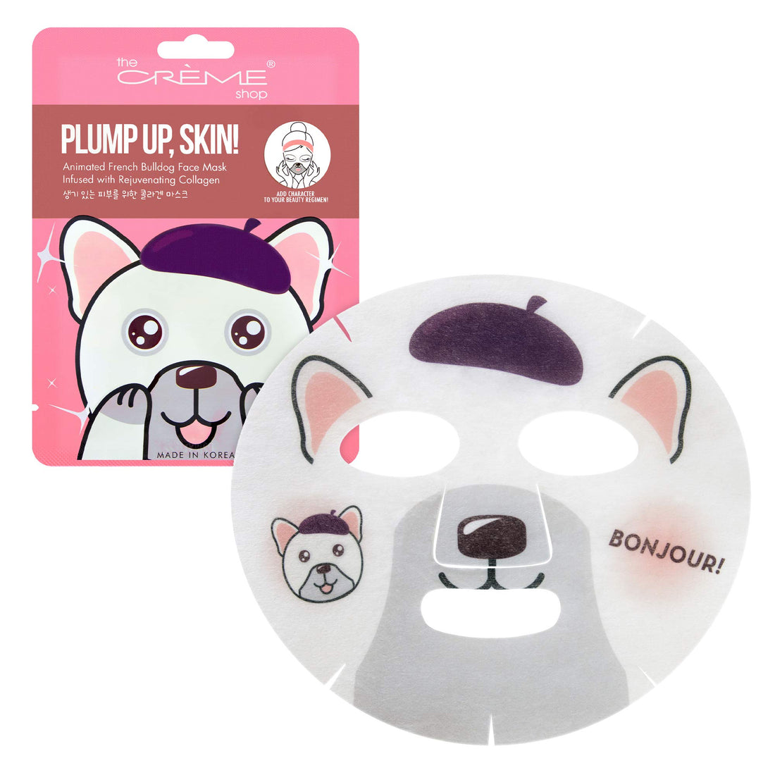 The Crème Shop Collagen Face Mask, Animal Face Mask Sheet, Korean Skin Mask, Cute Bulldog Sheet Mask Plumps Skin, Collagen Mask, Face Mask Animal Sheets - 3 Pack