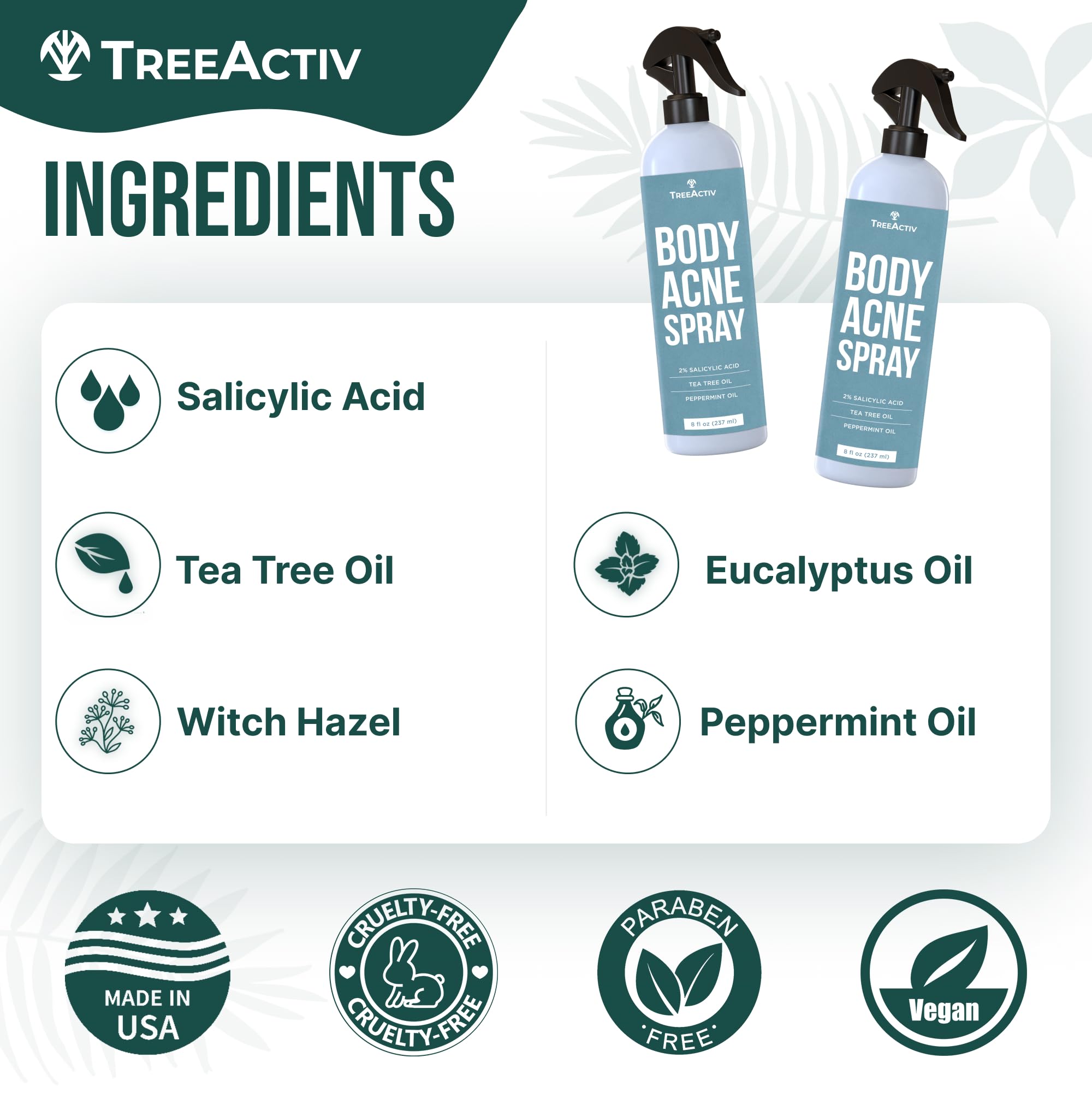 TreeActiv Body & Back Acne Treatment Original Formula, 8 fl oz, 2% Salicylic Acid, Cystic & Body Acne Spray for Chest, Shoulders & More, Bacne Treatment for Teens & Adults