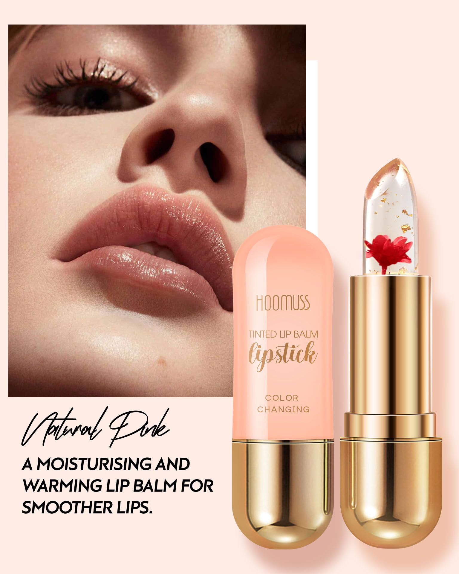 HOOMUSS Tinted Lip Balm Flower Lipstick Tinted Lip Gloss Long Lasting PH Lipstick, Color Changing Lipstick Natural Chapstick, Glitter Pink Shade Lipstick, Red Flower