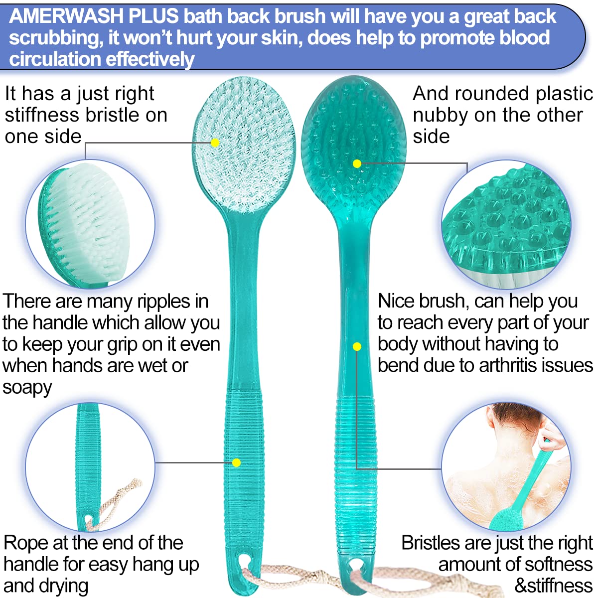 AMERWASH PLUS Bath Body Brush for Shower, 14 inches Long Handle, 2 Packs Bath Scrubber Skin Exfoliation Bath Shower Body Brushing Blue