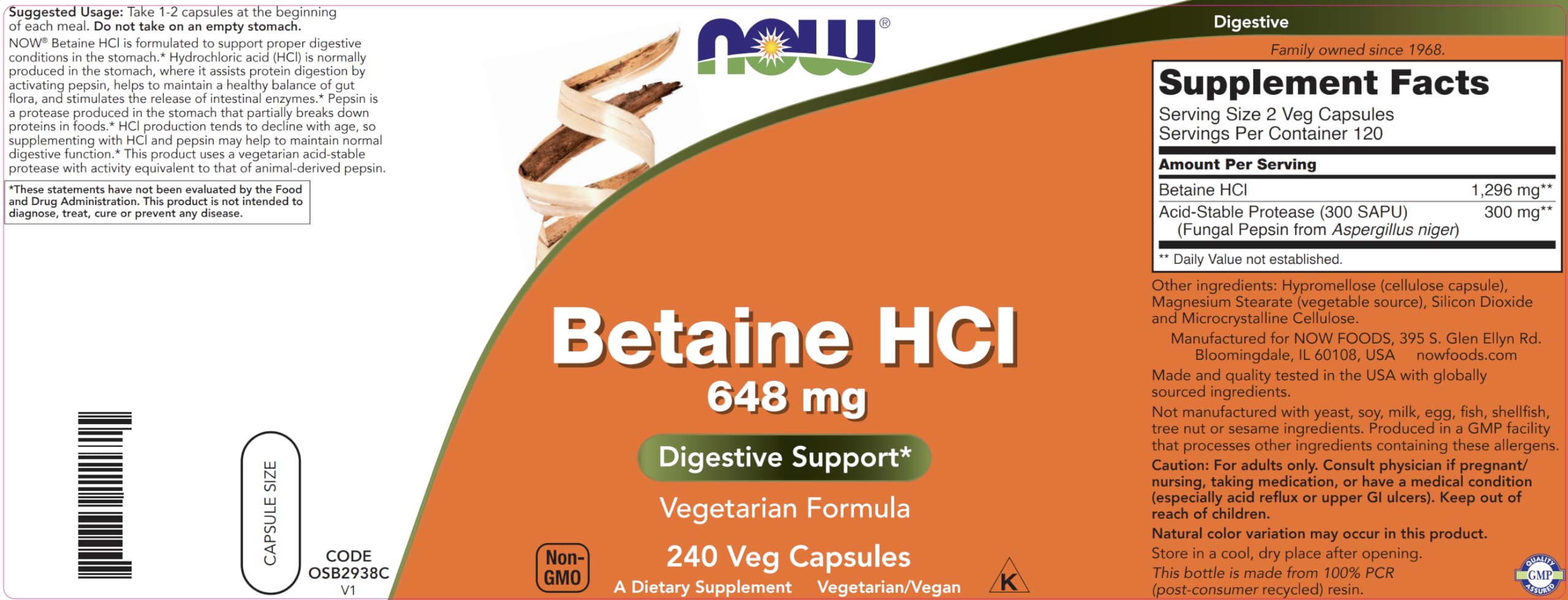 Now Betaine HCl 648mg 240 Veg Capsules - Digestive Enzymes Supplement - Enhanced with Pepsin Protease for Protein Digestion Support