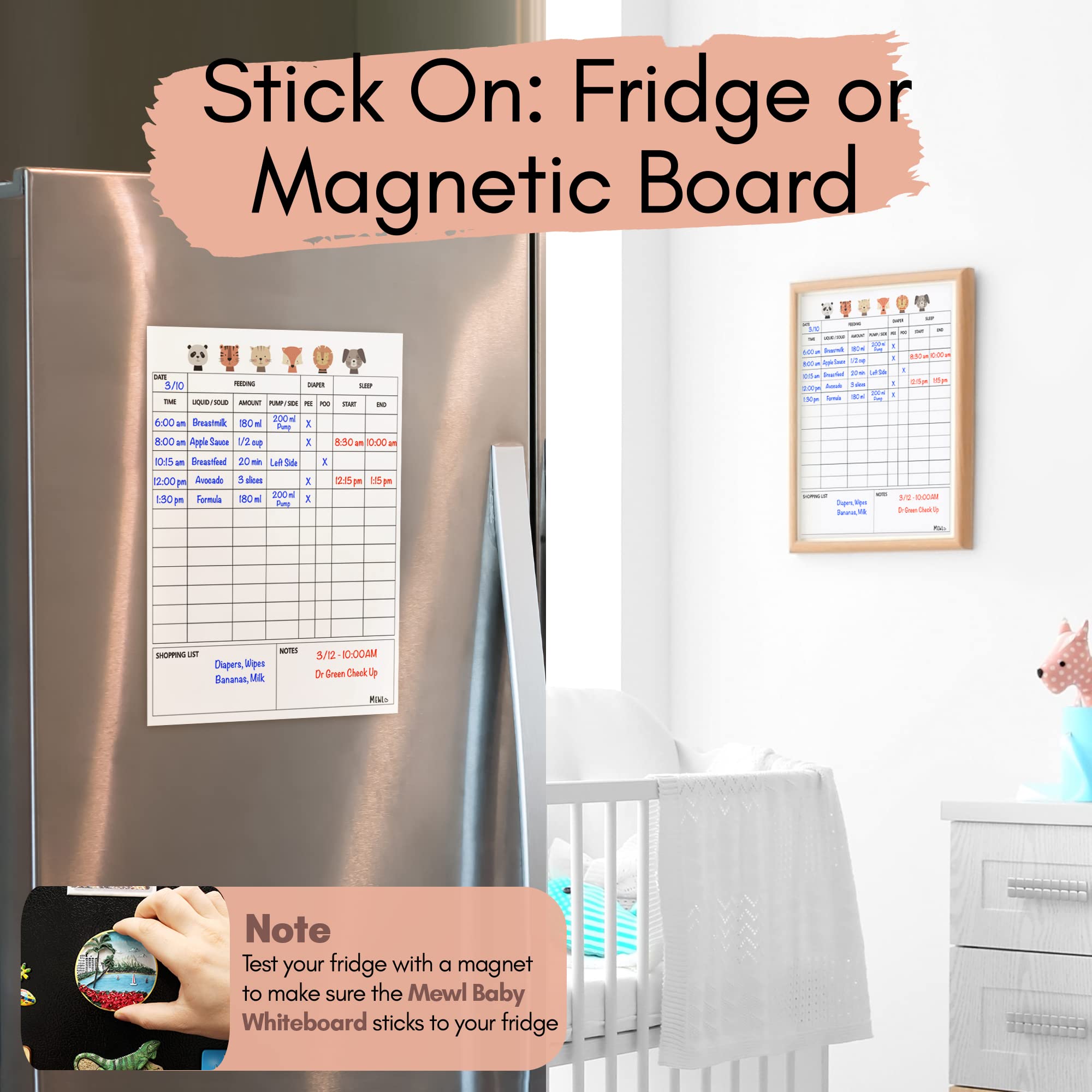 Mewl Baby Daily Log Whiteboard - Reusable Baby Tracker to Log Feeding, Diapers & Sleep - Newborn Baby Journal & Schedule Chart for New Parents, Nanny, Babysitter - Pregnancy & New Mom Gift