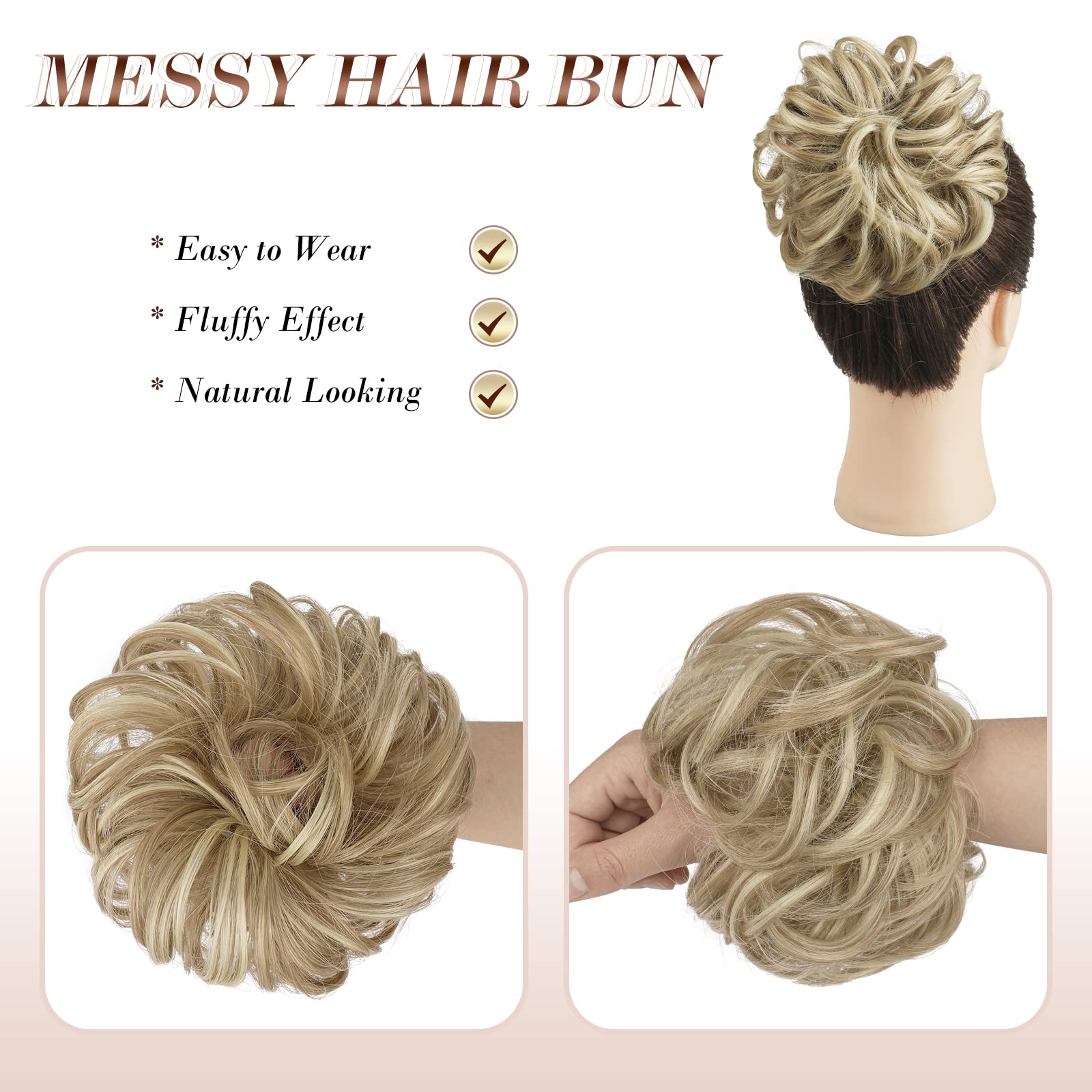 FESHFEN Messy Hair Bun Hair Pieces Wavy Curly Large Hair Bun Scrunchies Extensions Synthetic Chignon Hairpieces for Women Girls, Light Ash Brown & Bleach Blonde 1.94oz