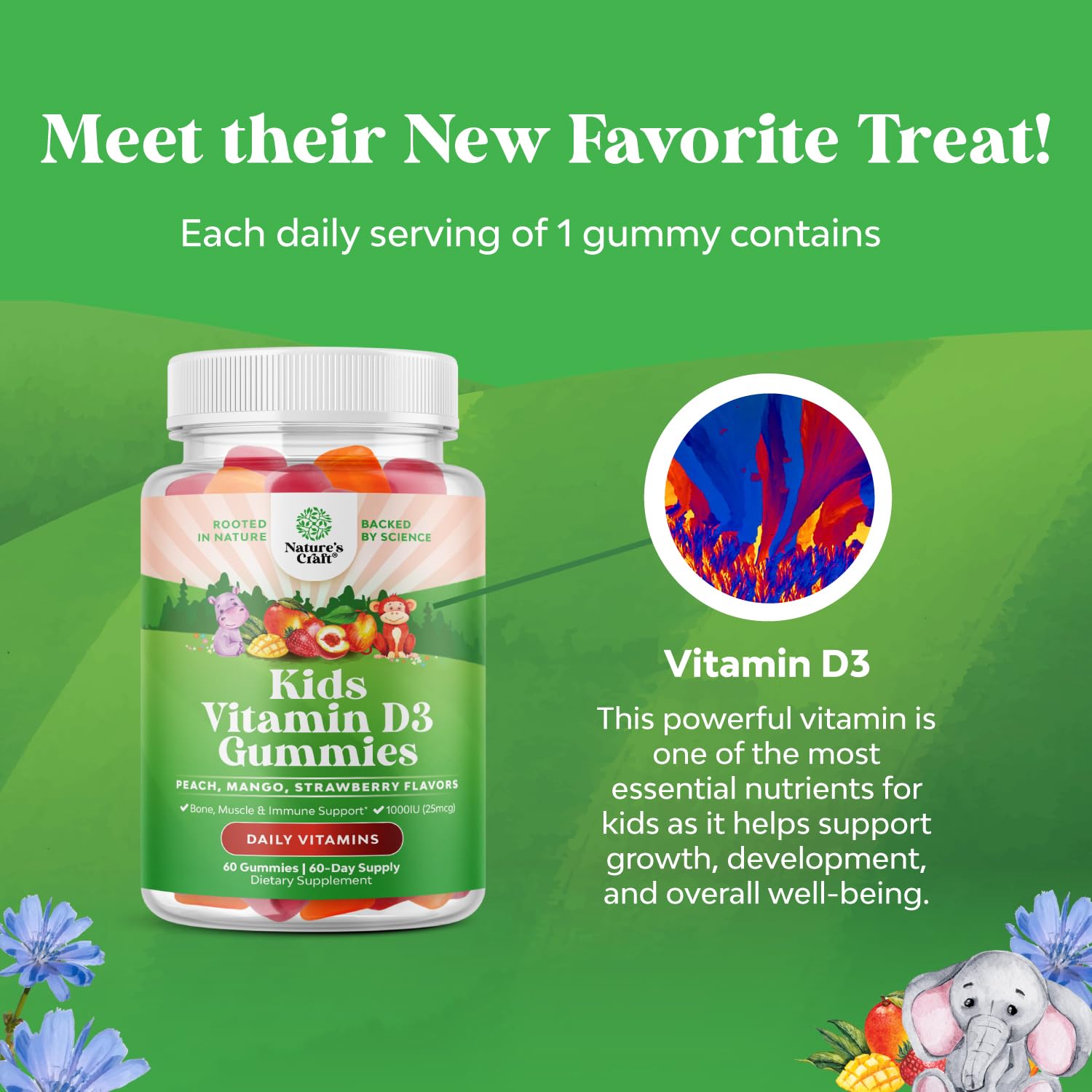 Chewable Vitamin D Gummies for Kids - Delicious Kids Vitamin D 1000 IU Per Serving Gummy Vitamins for and Toddlers Immune Support Plus Muscle Teeth and Bone Health - Gelatin Free Fruit Flavors