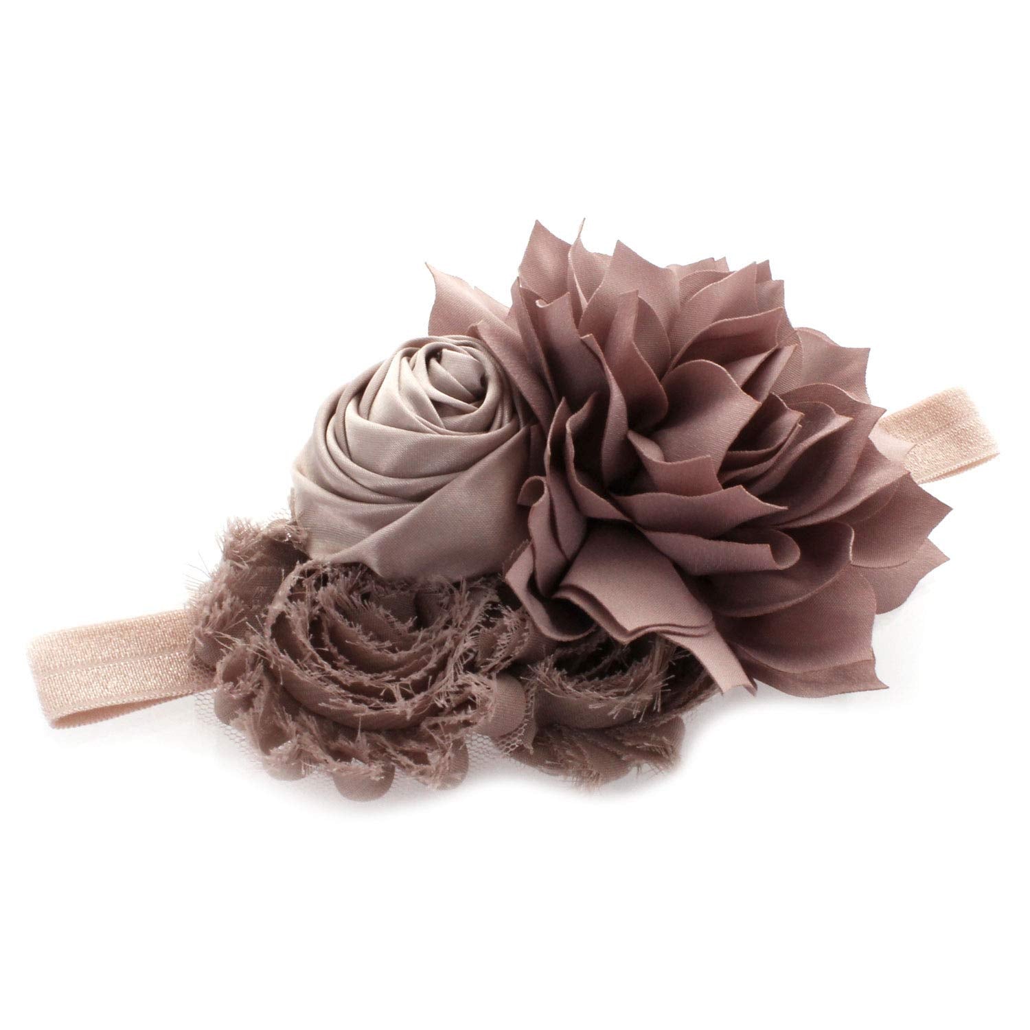 My Lello Headband Shabby Fabric Flower Cluster Baby - Infant - Toddler - Girl Stretchy Elastic Taupe