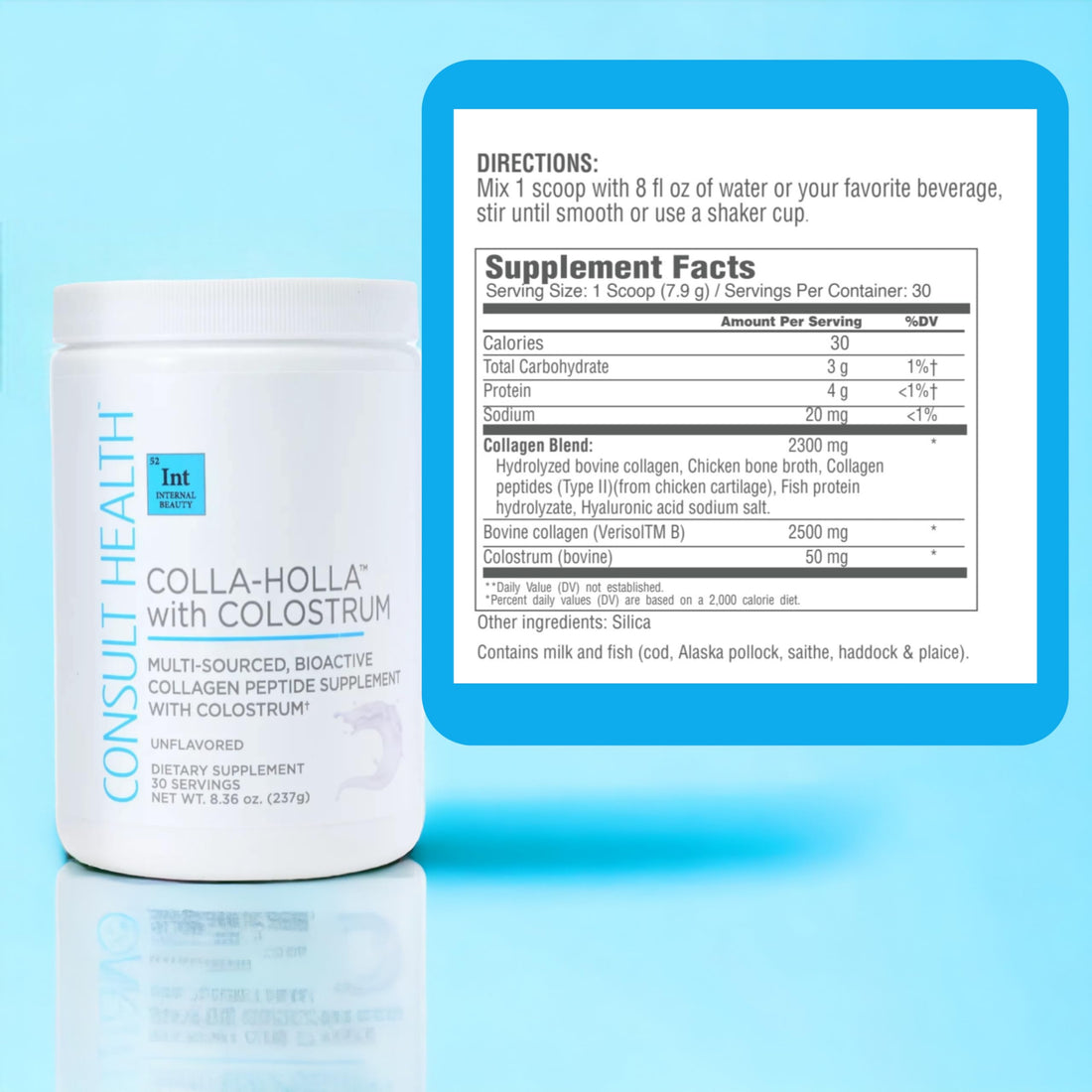 Consult Health Colla Holla- Multi-Sourced Collagen Verisol Protein Powder with Colostrum for Skin Elasticity, Wrinkle Reduction, Healthy Hair & Joint Support. 8.36 oz