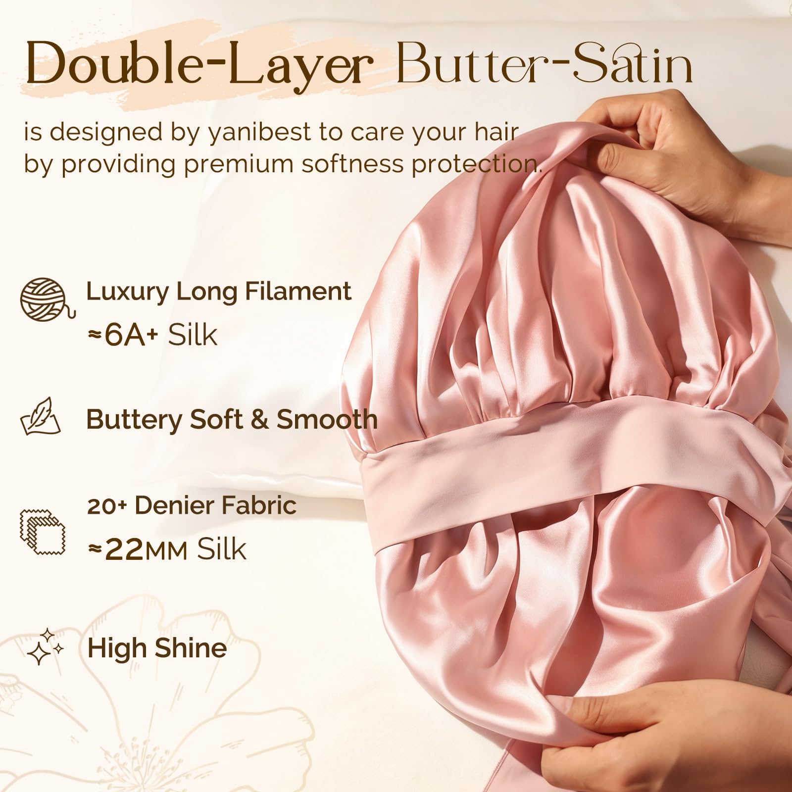 YANIBEST Silk Bonnet for Sleeping Women Adjustable Double Layer Satin Bonnet Reduce Friction Prevent Frizz Natural Curly Hair, Blush Pink