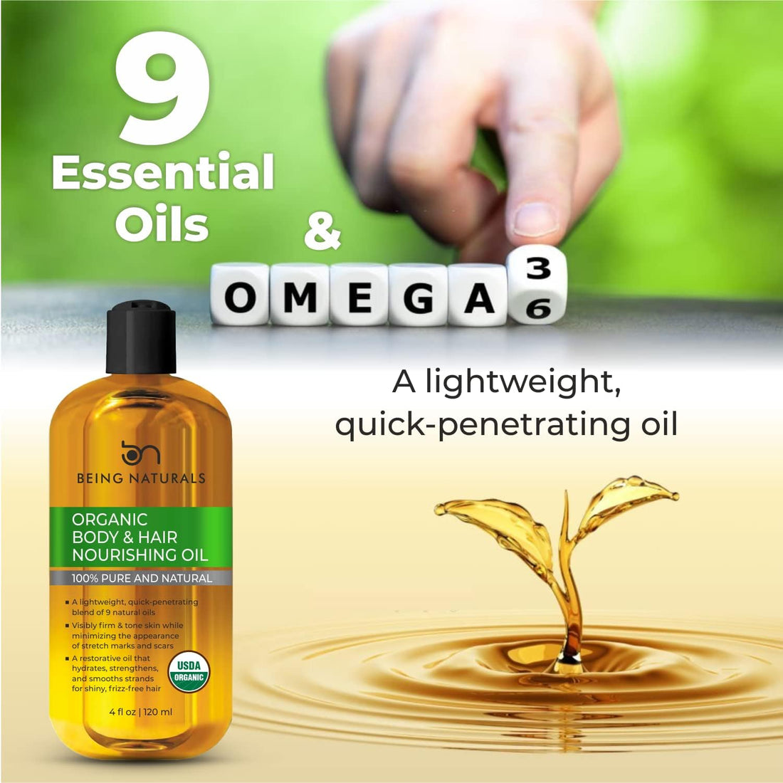 Being Naturals Organic Hair & Body Oil- for Stretch Marks, Dark Spots & Acne Scars with 9 Essential Oils & Omega 3 ;Firm & Tone Skin ; Body, Face& Hair Moisturizer - 4 fl oz
